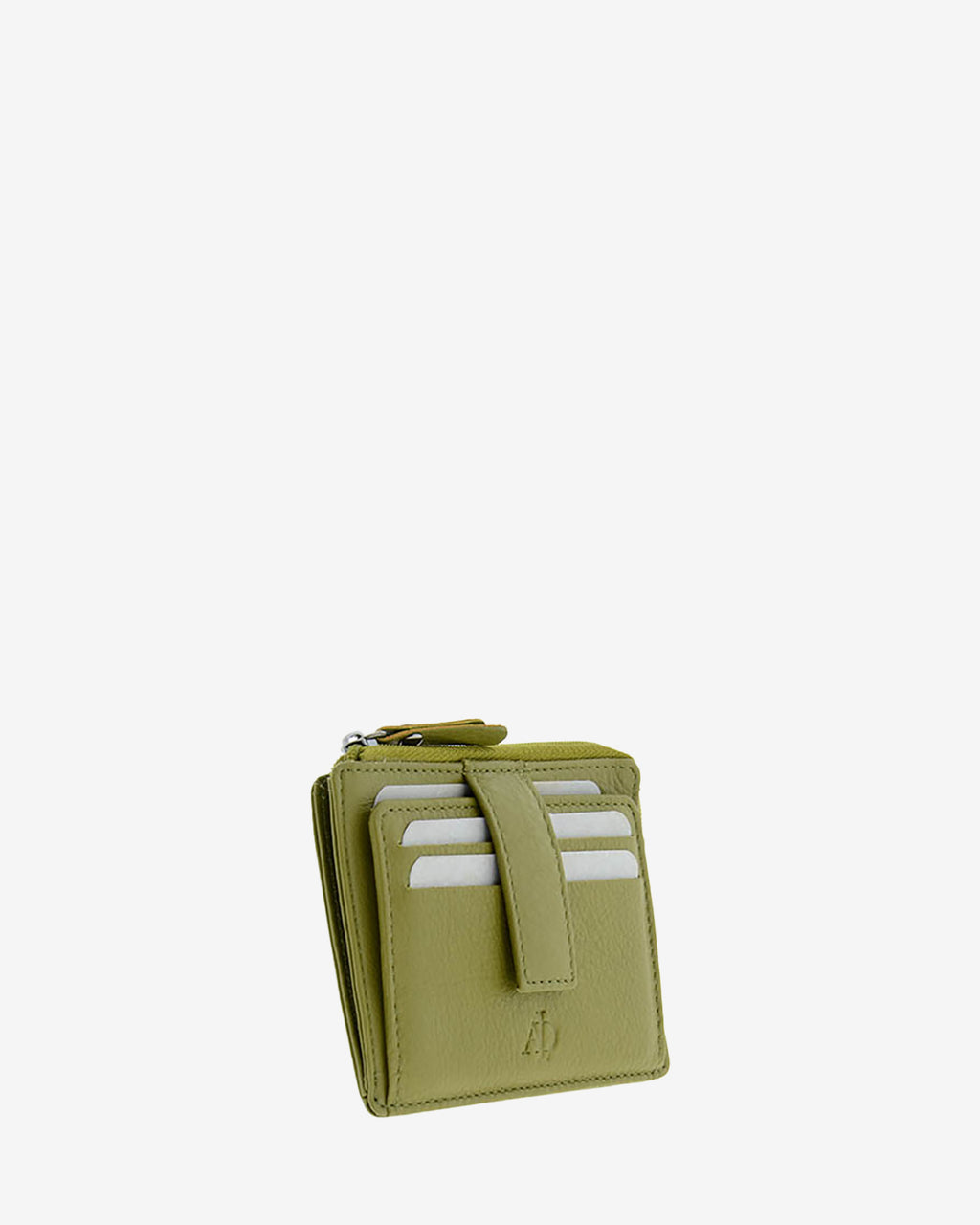 Tarjetero monedero 8035 en color oliva, vista tres cuartos frontal con ranuras para tarjetas y cremallera superior
