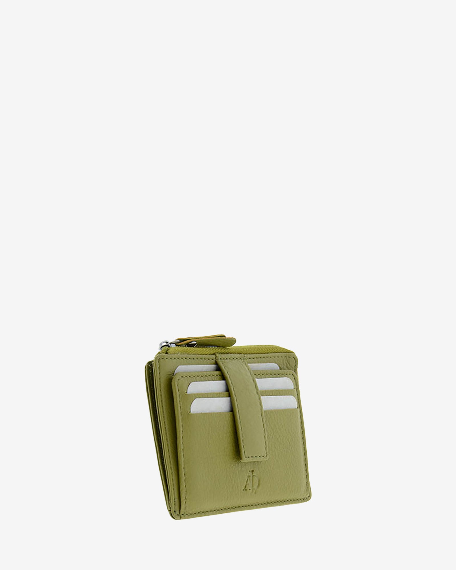Tarjetero monedero 8035 en color oliva, vista tres cuartos frontal con ranuras para tarjetas y cremallera superior