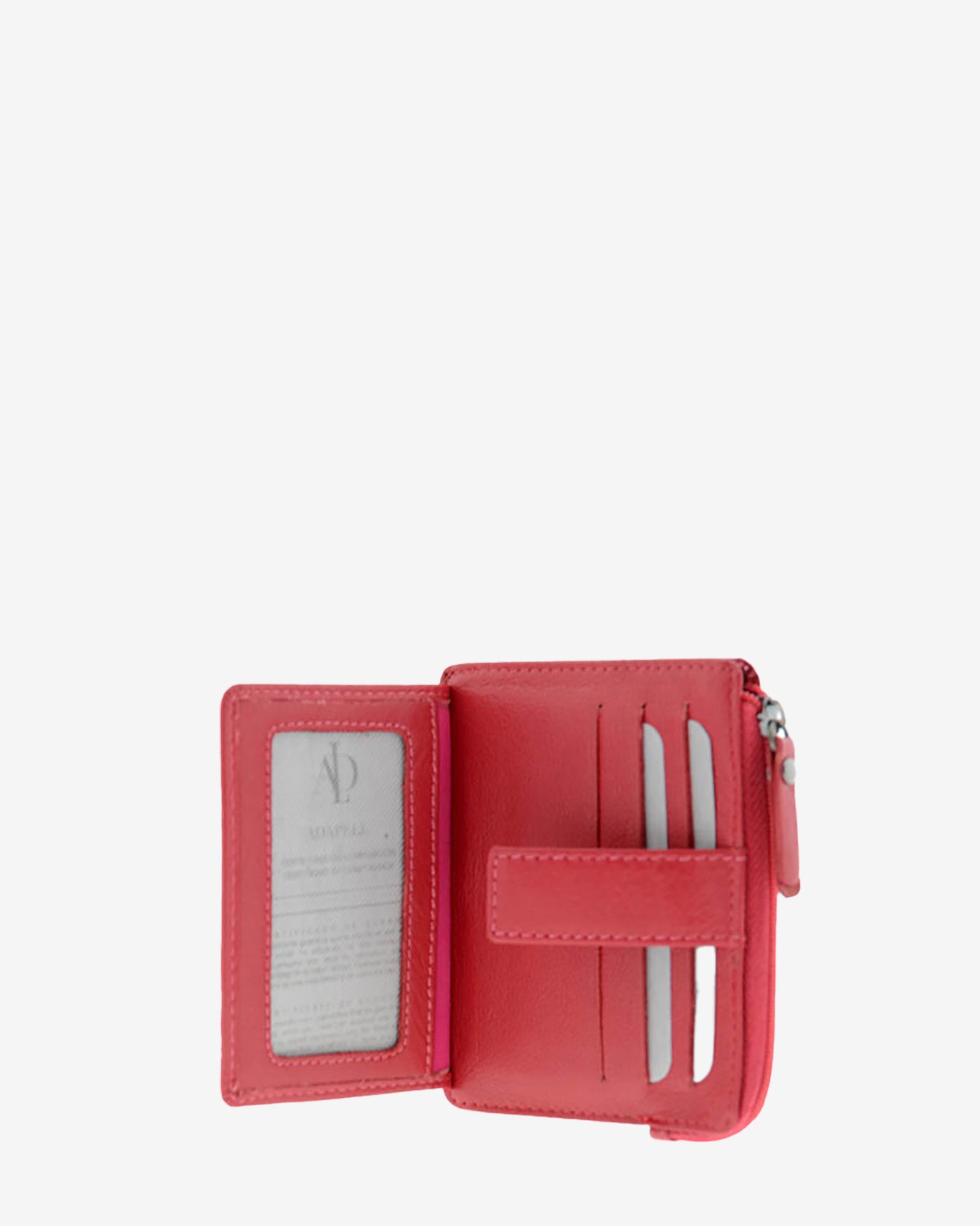 Tarjetero monedero 8035 en color rojo abierto, con ventana transparente y ranuras interiores para tarjetas