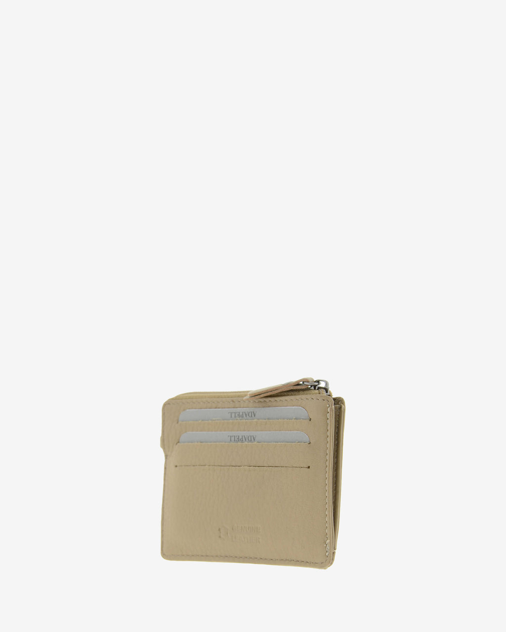 Tarjetero monedero 8035 en color topo, vista tres cuartos posterior con tres ranuras para tarjetas