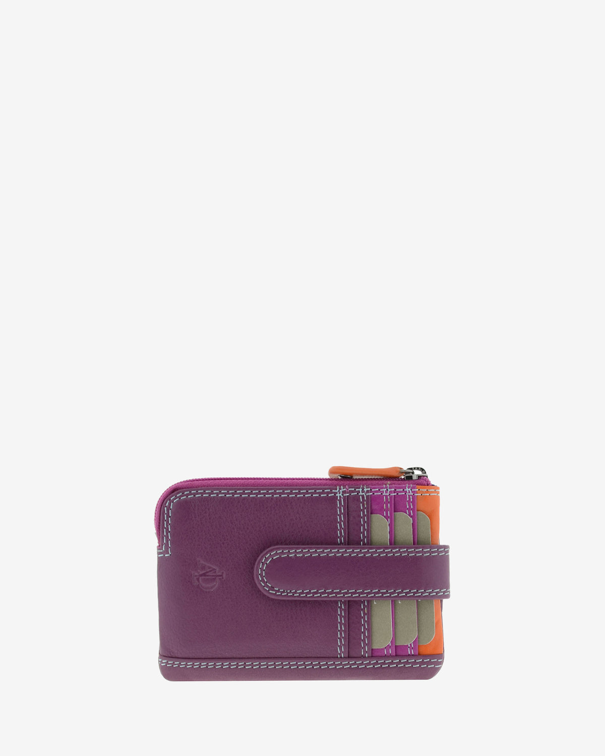Monedero tarjetero combinado 8036-C en color Mora, vista frontal con cuatro ranuras exteriores para tarjetas y cierre de solapa.