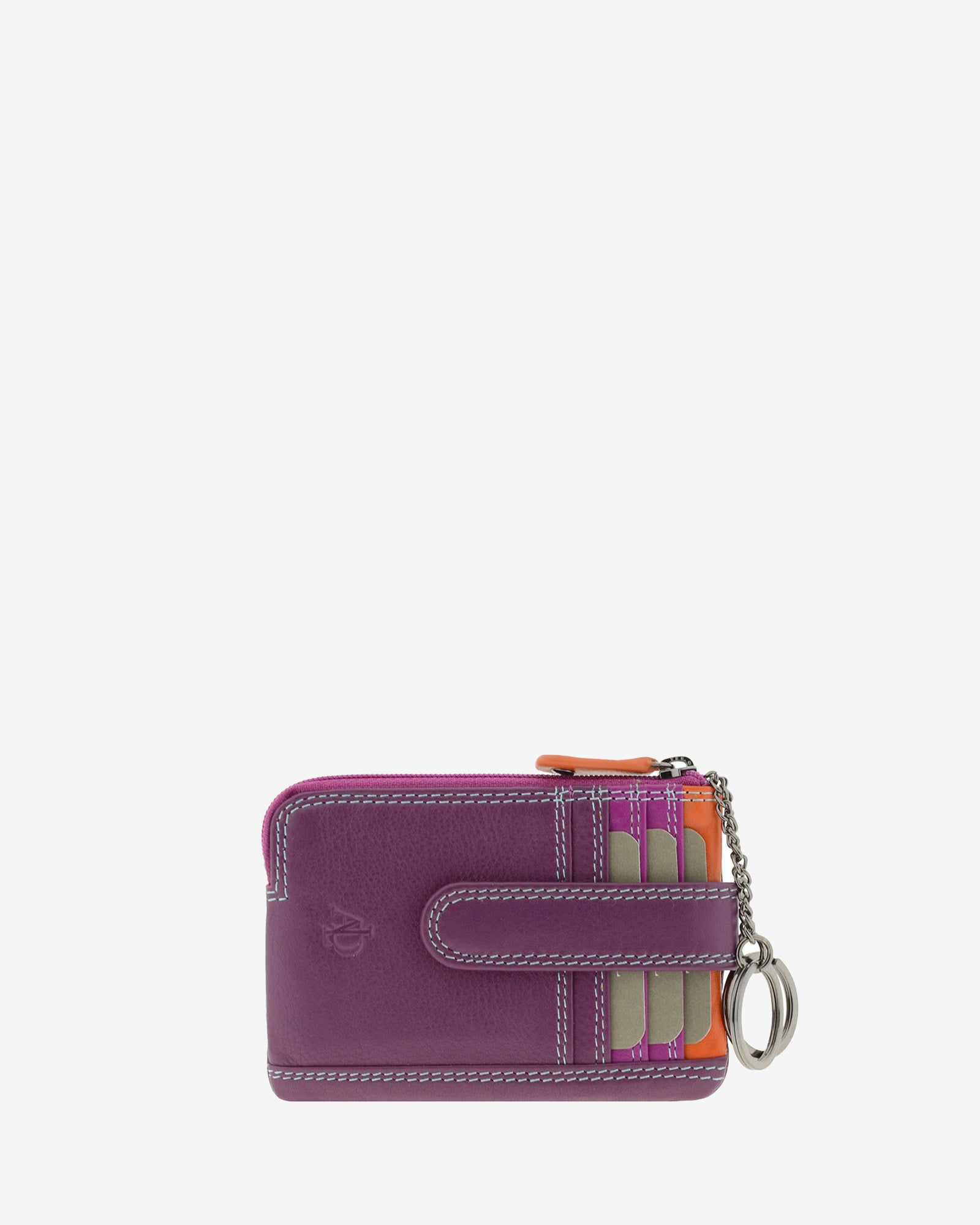 Monedero tarjetero combinado 8036-C en color Mora, vista frontal con ranuras para tarjetas y aros metálicos para llaves.
