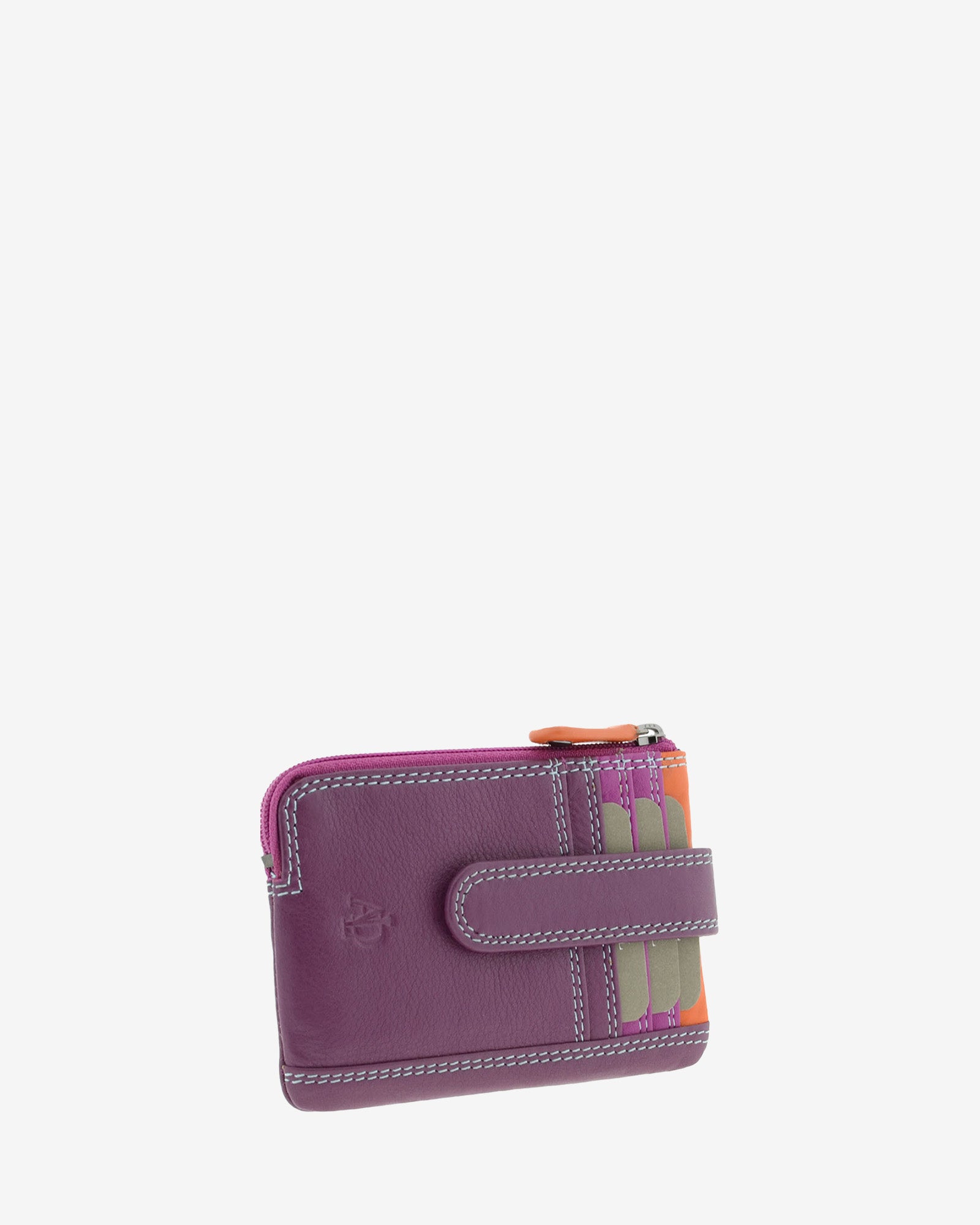 Monedero tarjetero combinado 8036-C en color Mora, vista tres cuartos frontal mostrando las ranuras para tarjetas y la combinación de colores.