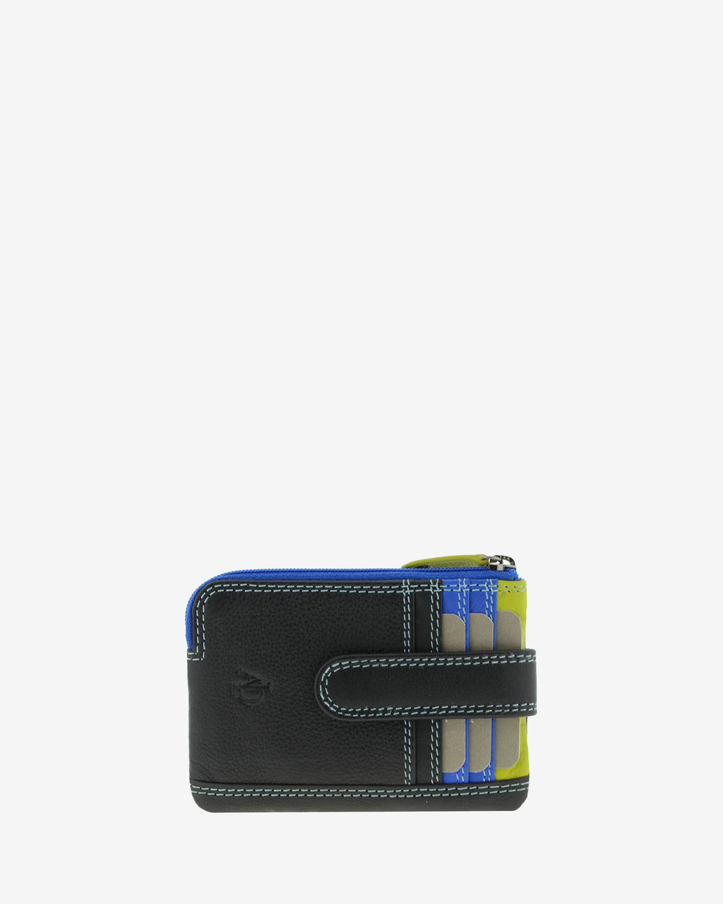 Monedero tarjetero combinado 8036-C en color Negro, vista frontal con cuatro ranuras exteriores para tarjetas y cierre de solapa.