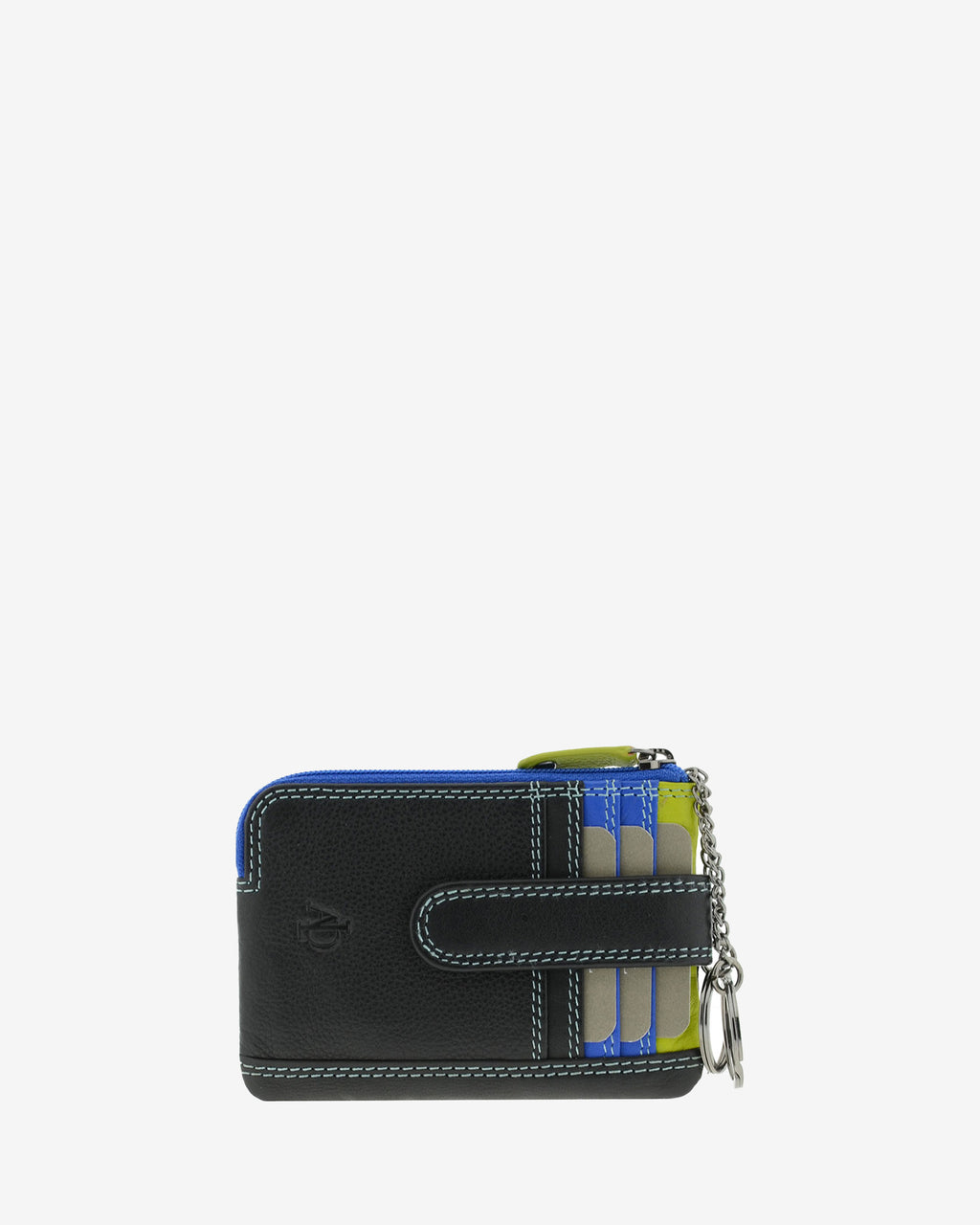 Monedero tarjetero combinado 8036-C en color Negro, vista frontal con ranuras para tarjetas y aros metálicos para llaves.