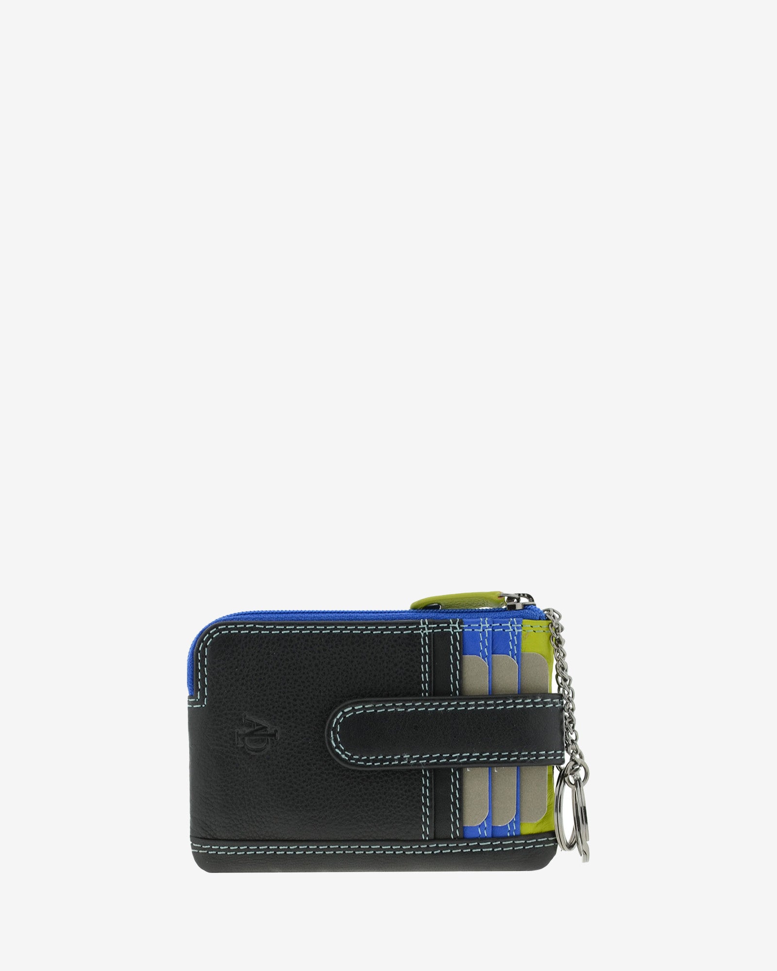 Monedero tarjetero combinado 8036-C en color Negro, vista frontal con ranuras para tarjetas y aros metálicos para llaves.