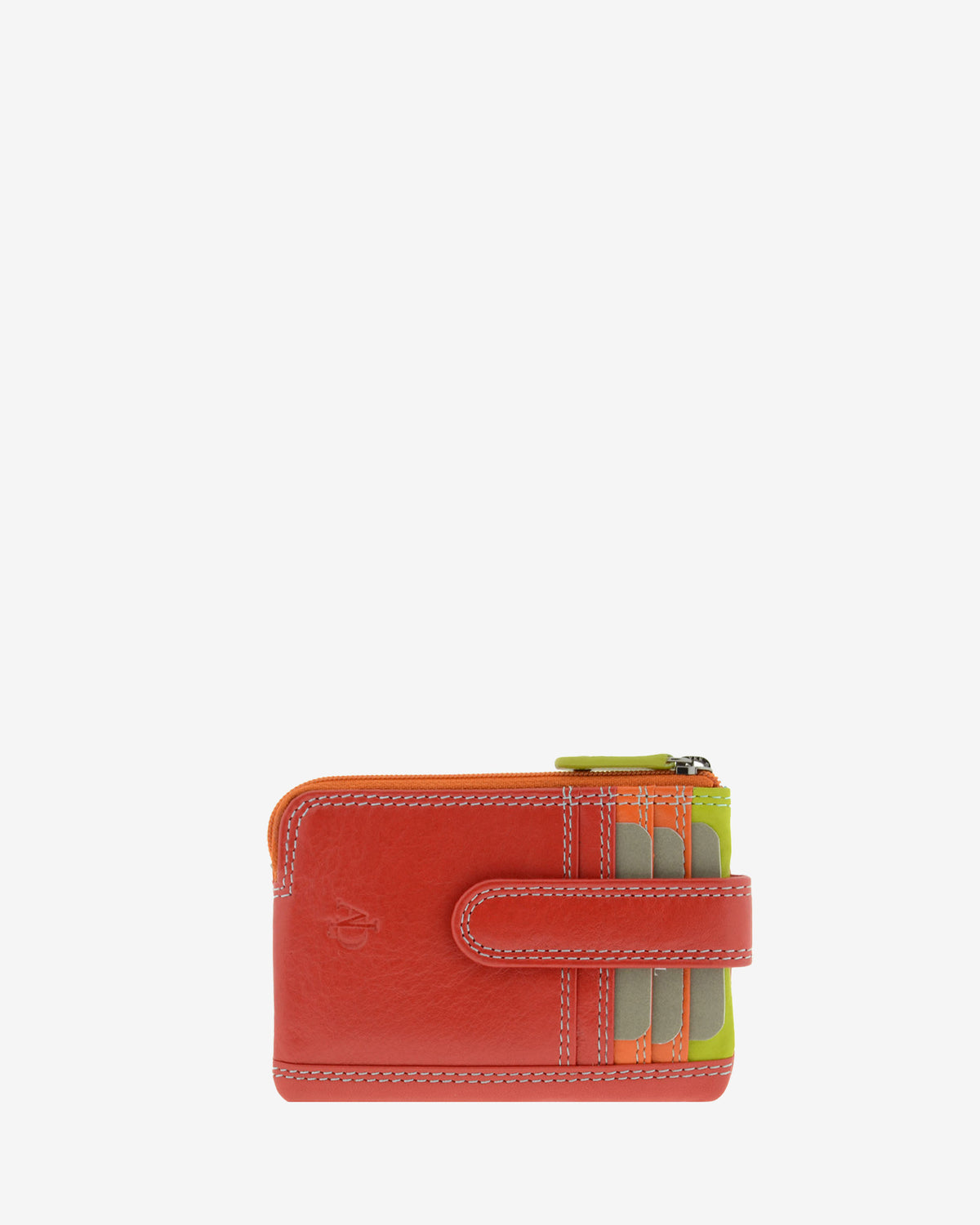 Monedero tarjetero combinado 8036-C en color Rojo, vista frontal con cuatro ranuras exteriores para tarjetas y cierre de solapa.
