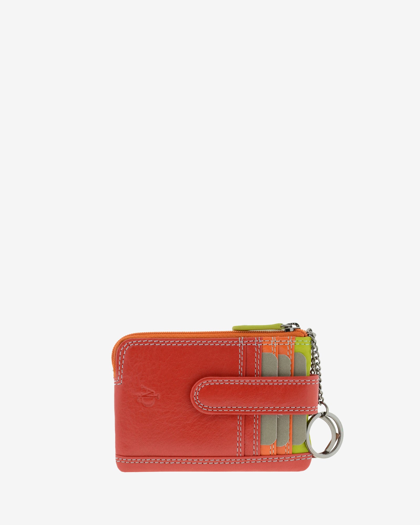 Monedero tarjetero combinado 8036-C en color Rojo, vista frontal con ranuras para tarjetas y aros metálicos para llaves.