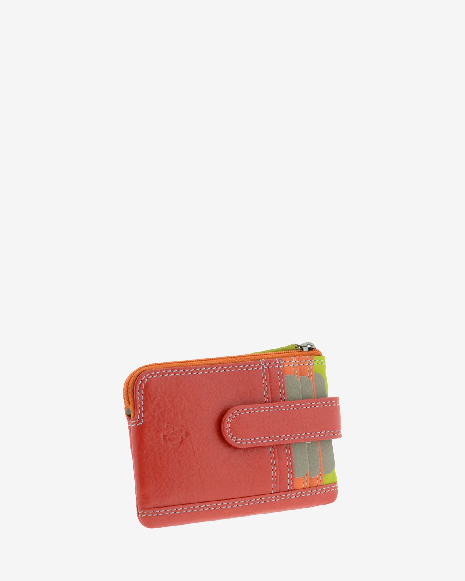 Monedero tarjetero combinado 8036-C en color Rojo, vista tres cuartos frontal mostrando las ranuras para tarjetas y la combinación de colores.
