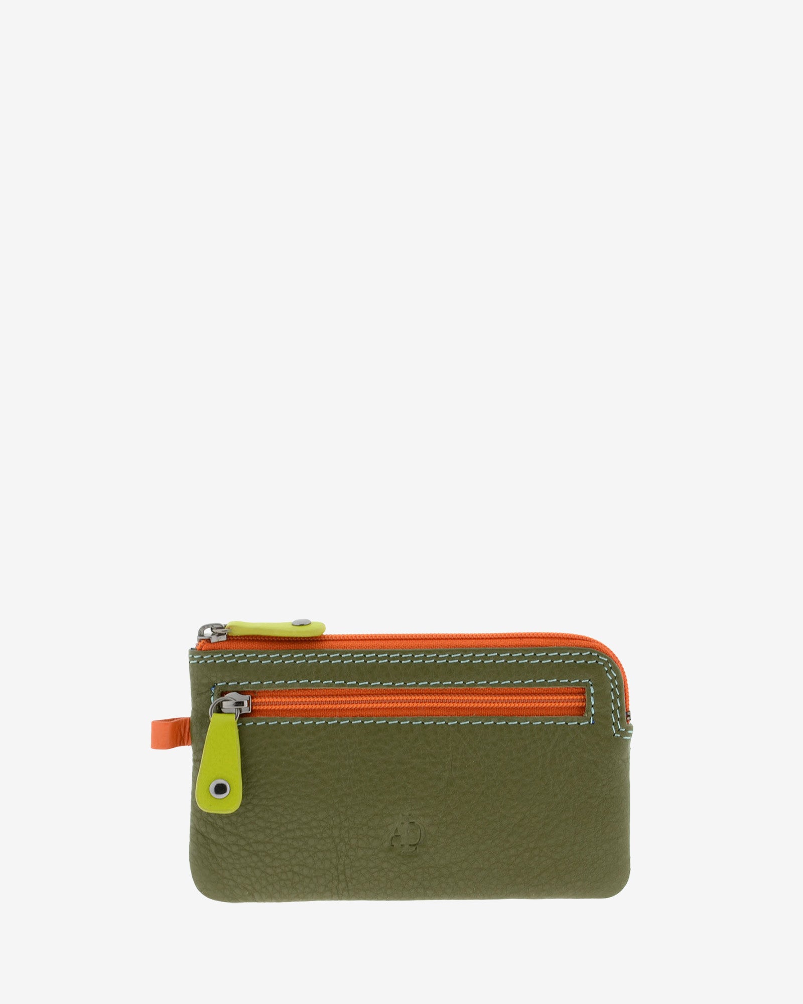 Monedero fino combinado 8053-C en color Jungla, vista frontal con bolsillo exterior de cremallera y cierre superior de cremallera.