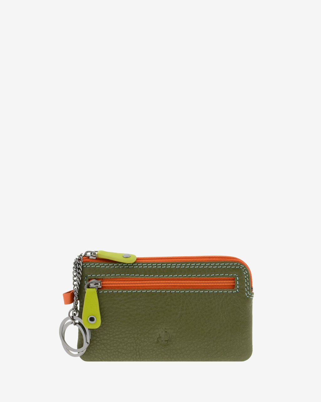 Monedero fino combinado 8053-C en color Jungla, vista frontal con bolsillo de cremallera y aros metálicos para llaves.