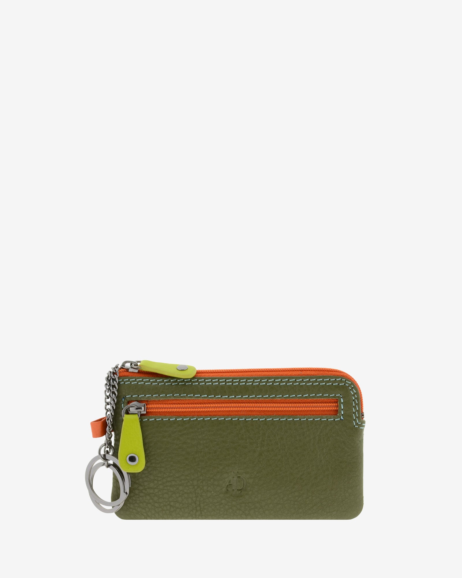 Monedero fino combinado 8053-C en color Jungla, vista frontal con bolsillo de cremallera y aros metálicos para llaves.