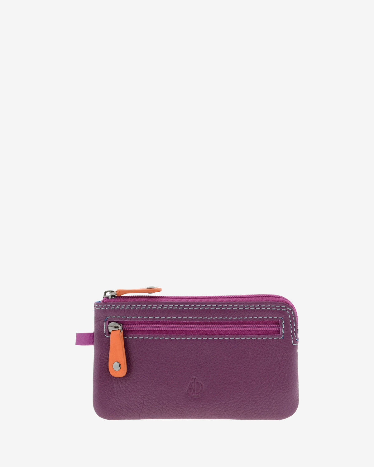 Monedero fino combinado 8053-C en color Mora, vista frontal con bolsillo exterior de cremallera y cierre superior de cremallera.