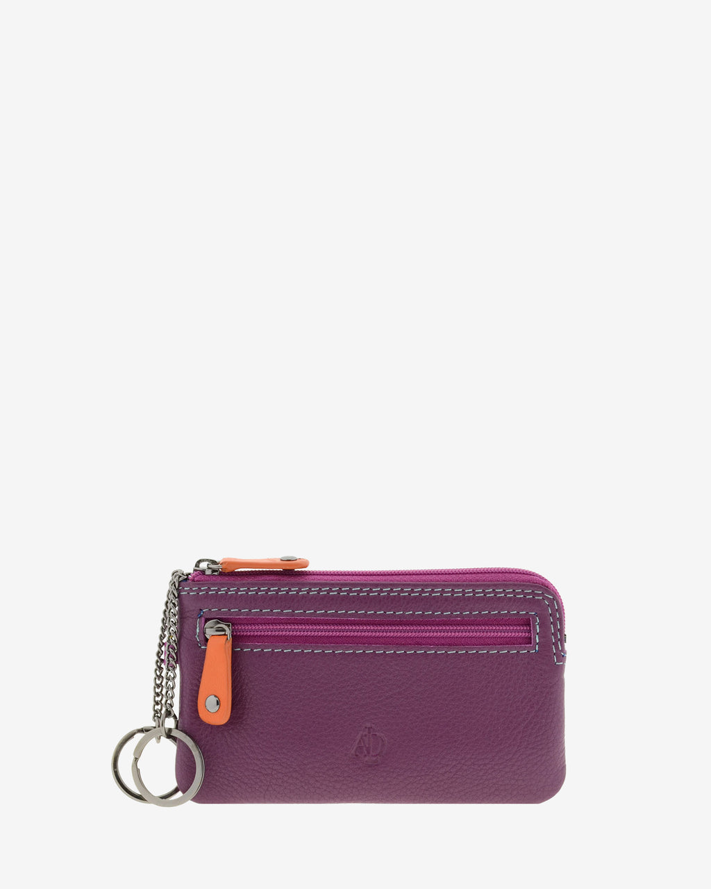 Monedero fino combinado 8053-C en color Mora, vista frontal con bolsillo de cremallera y aros metálicos para llaves.
