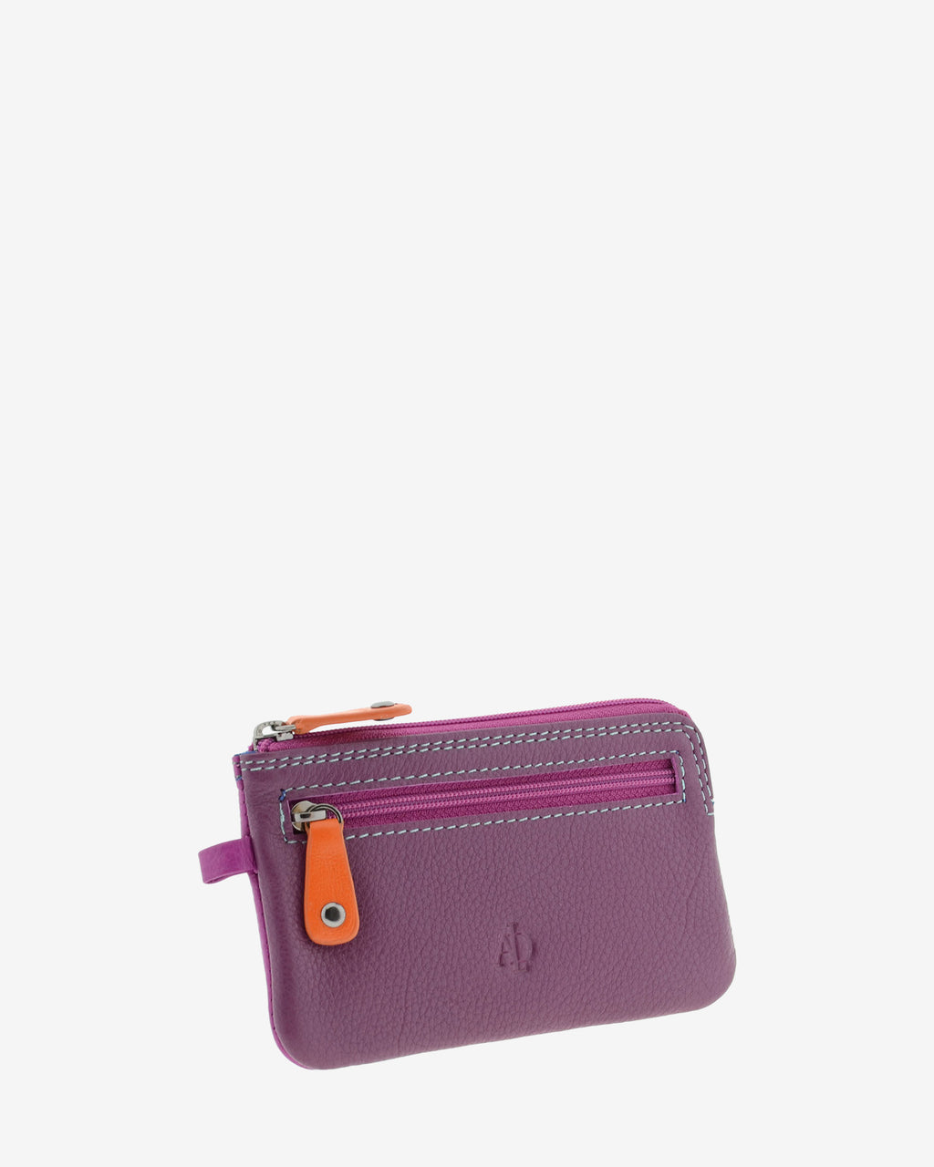 Monedero fino combinado 8053-C en color Mora, vista tres cuartos frontal mostrando el bolsillo exterior y las dos cremalleras.