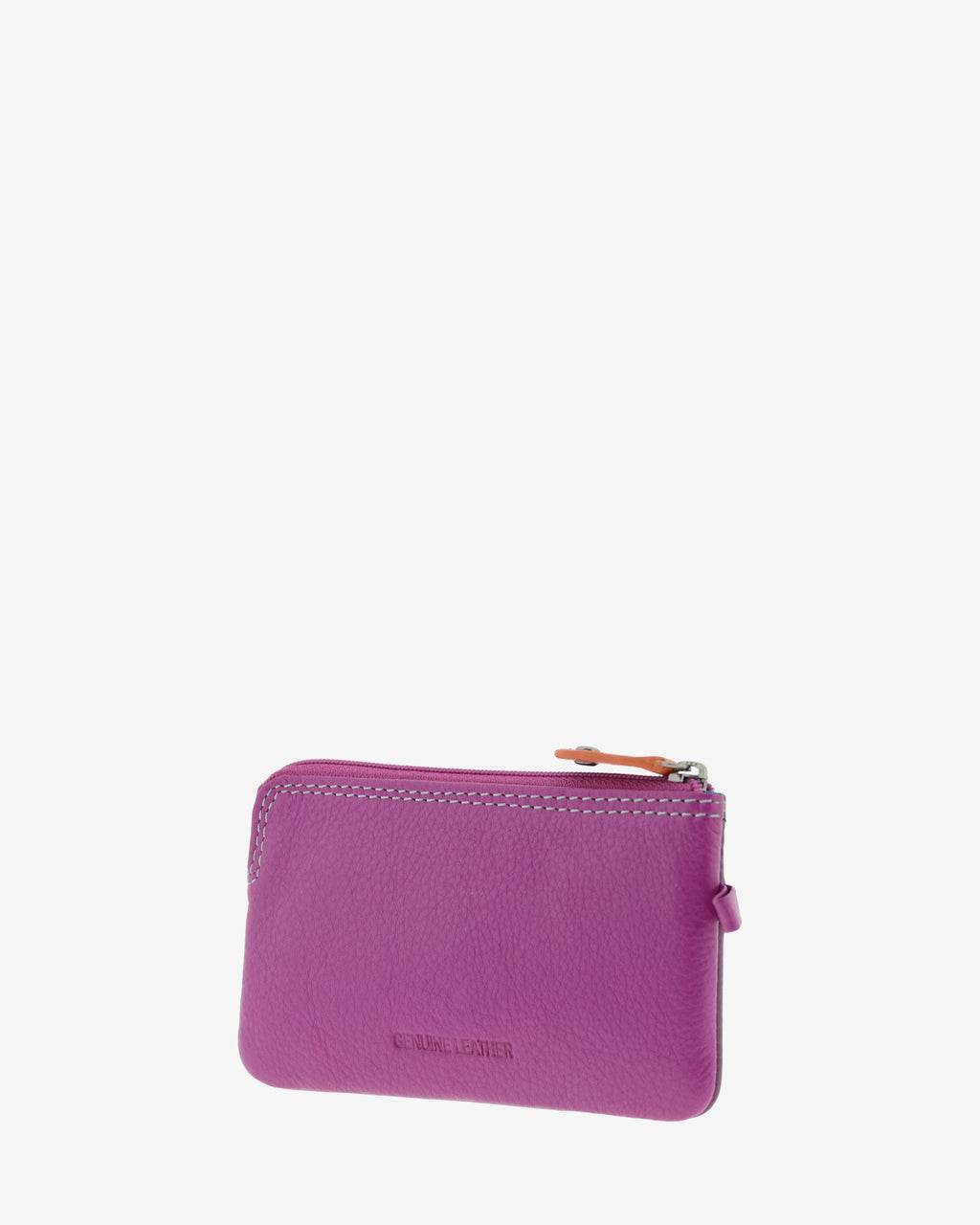 Monedero fino combinado 8053-C en color Mora, vista tres cuartos posterior con cierre superior de cremallera.