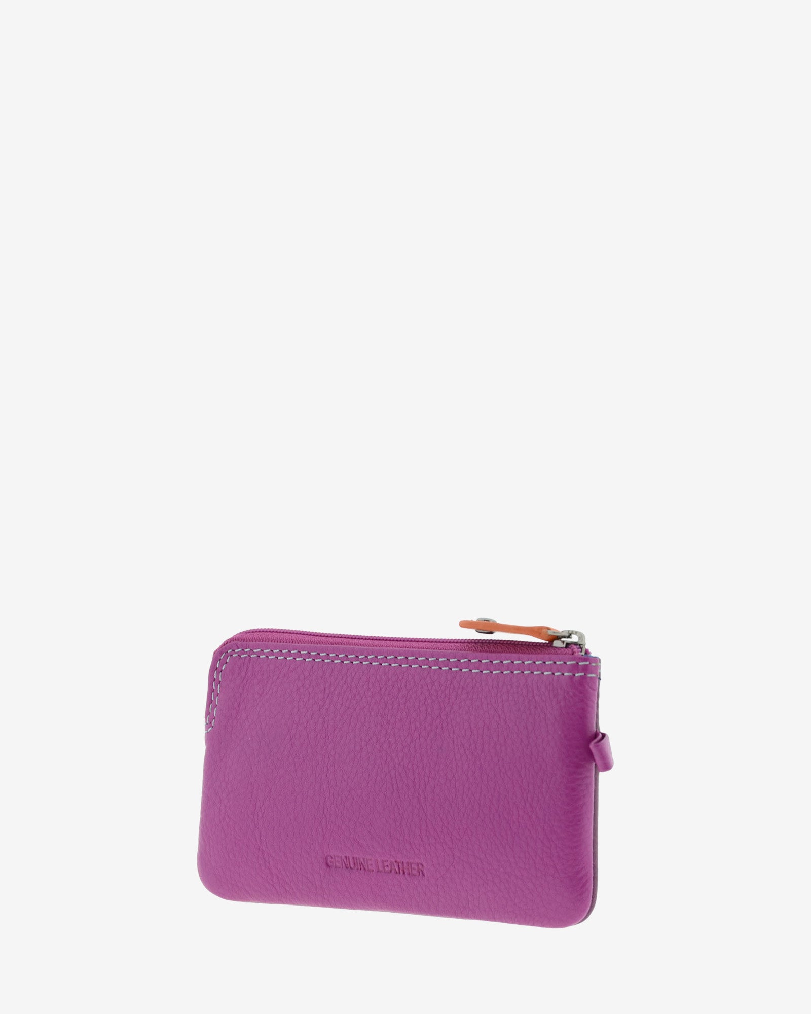Monedero fino combinado 8053-C en color Mora, vista tres cuartos posterior con cierre superior de cremallera.