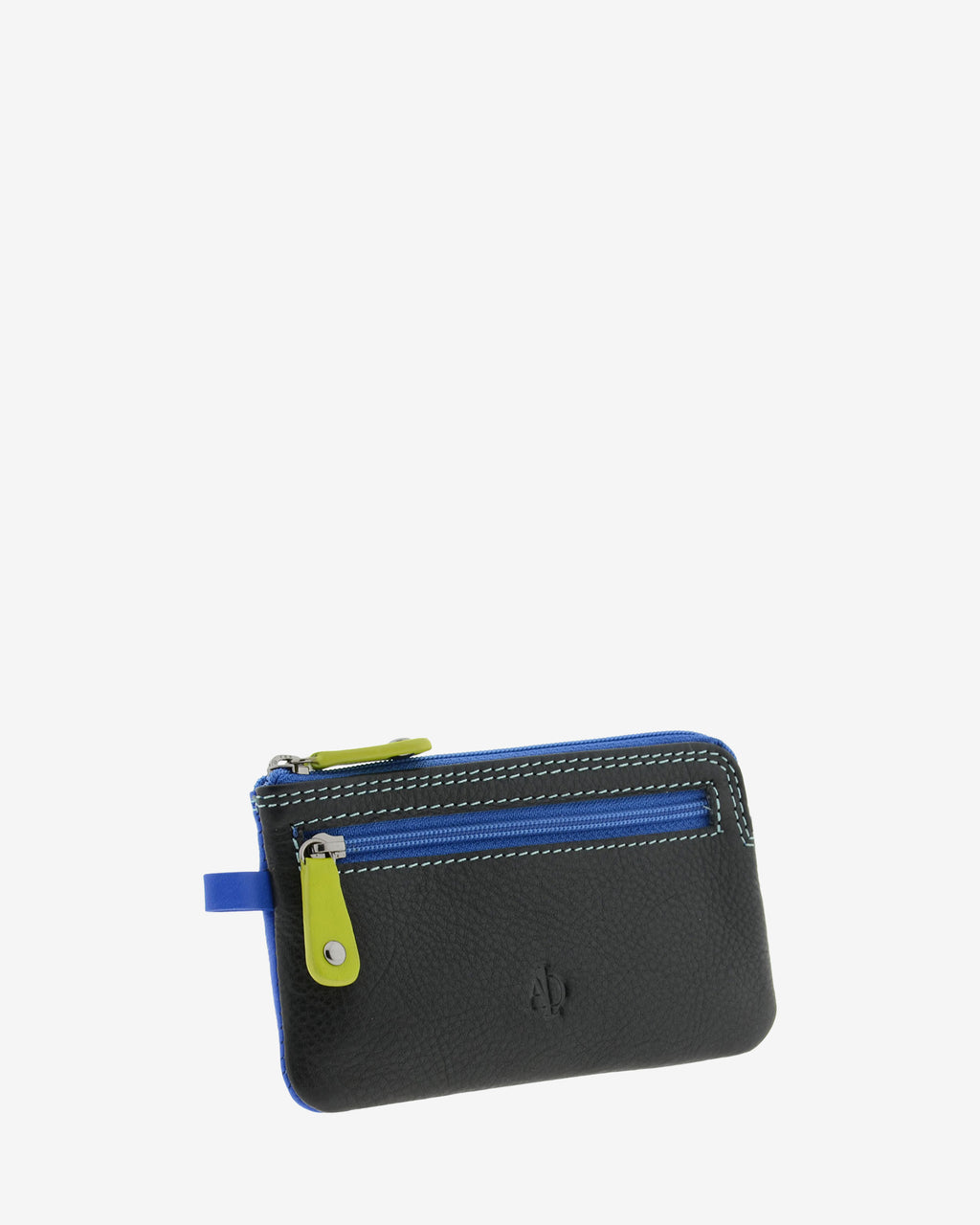 Monedero fino combinado 8053-C en color Negro, vista tres cuartos frontal mostrando el bolsillo exterior y las dos cremalleras.