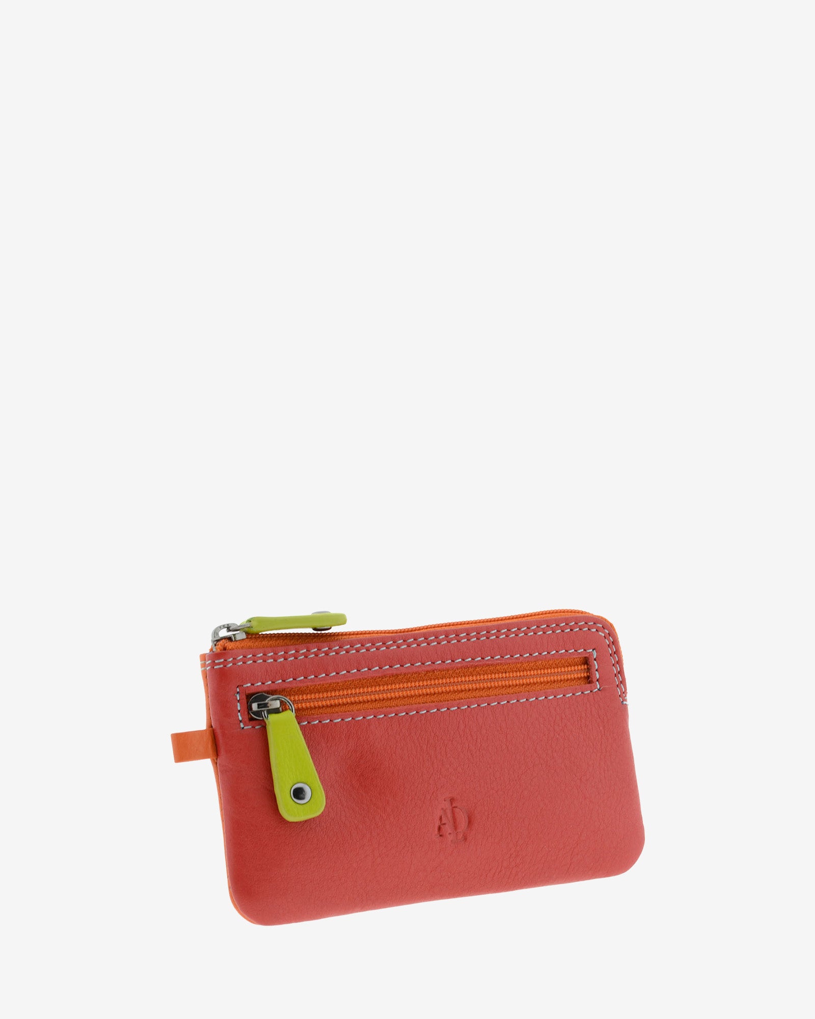 Monedero fino combinado 8053-C en color Rojo, vista tres cuartos frontal mostrando el bolsillo exterior y las dos cremalleras.