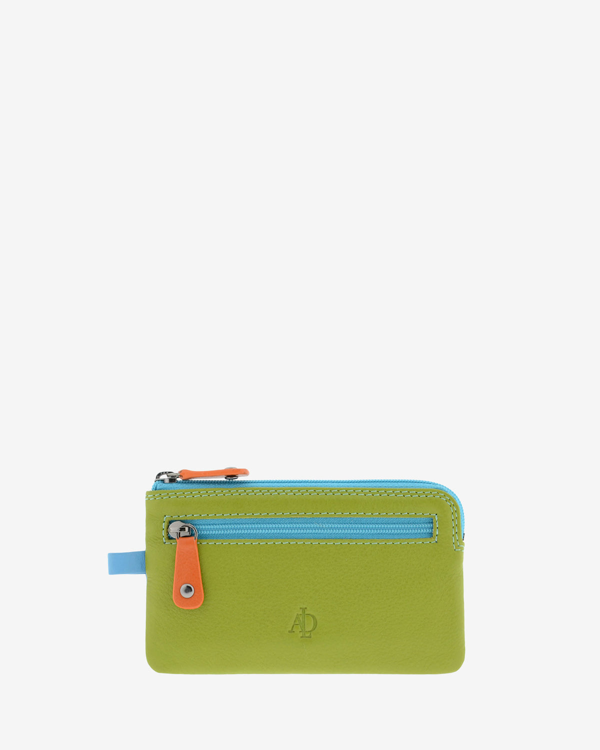 Monedero fino combinado 8053-C en color Verde, vista frontal con bolsillo exterior de cremallera y cierre superior de cremallera.