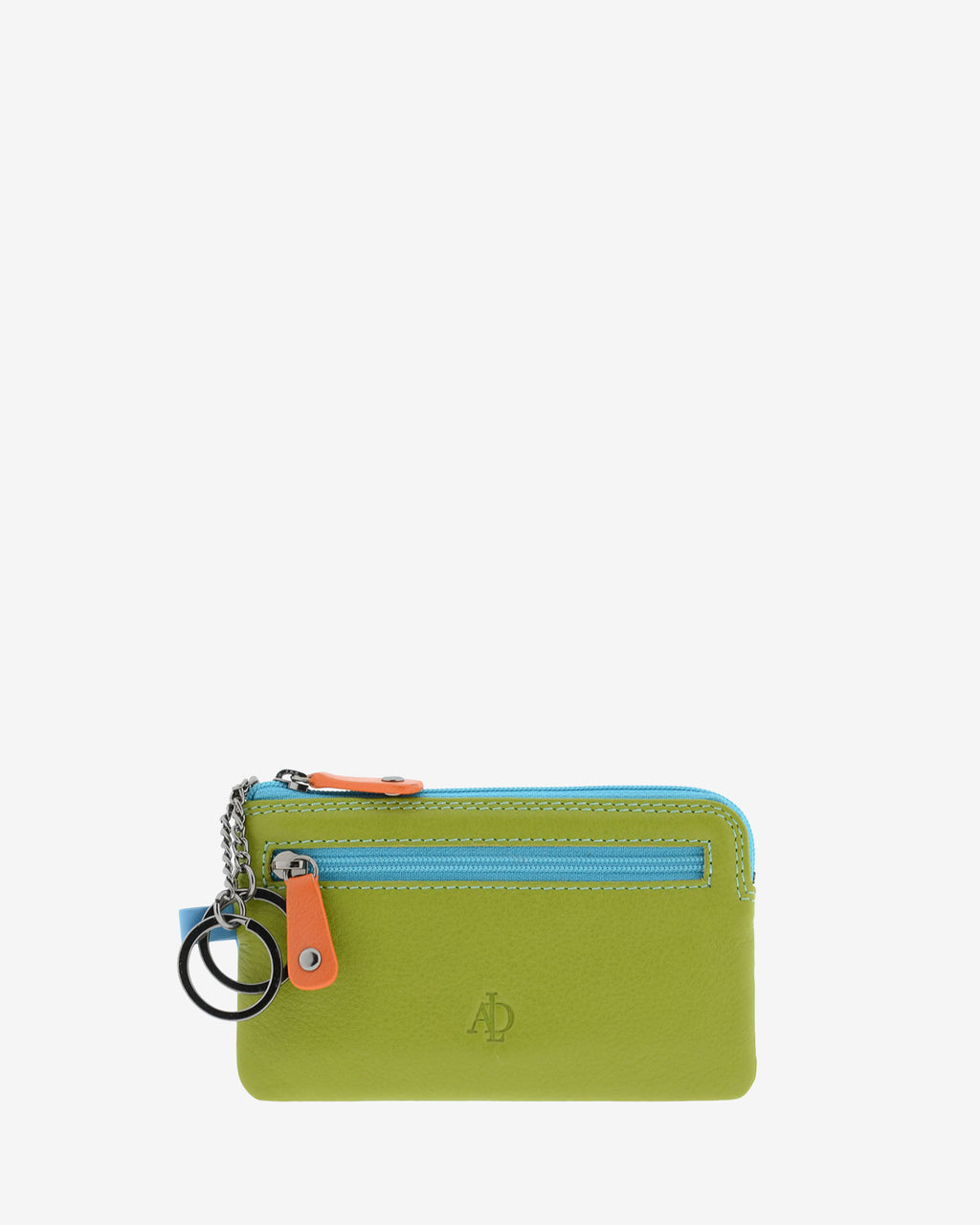 Monedero fino combinado 8053-C en color Verde, vista frontal con bolsillo de cremallera y aros metálicos para llaves.