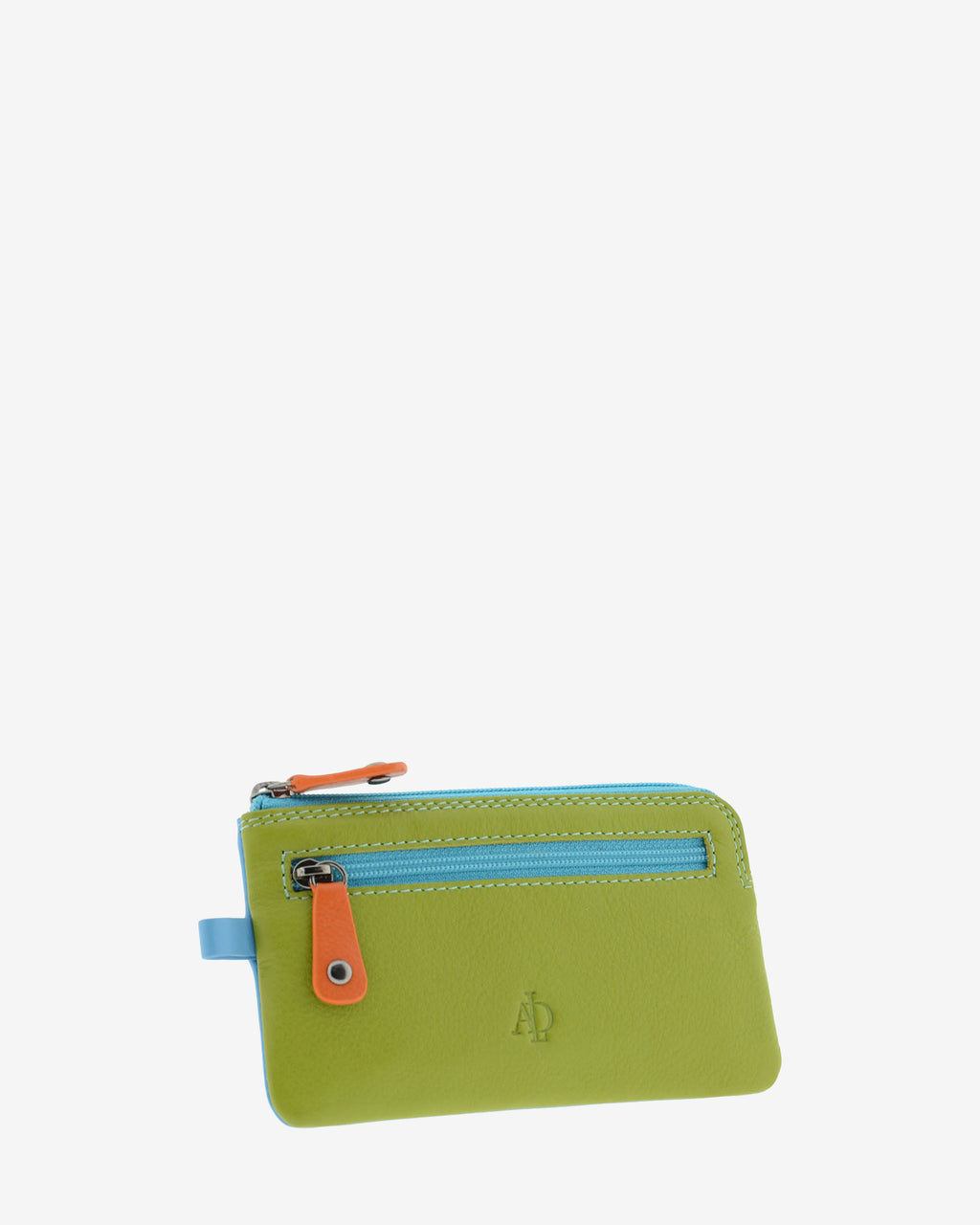 Monedero fino combinado 8053-C en color Verde, vista tres cuartos frontal mostrando el bolsillo exterior y las dos cremalleras.