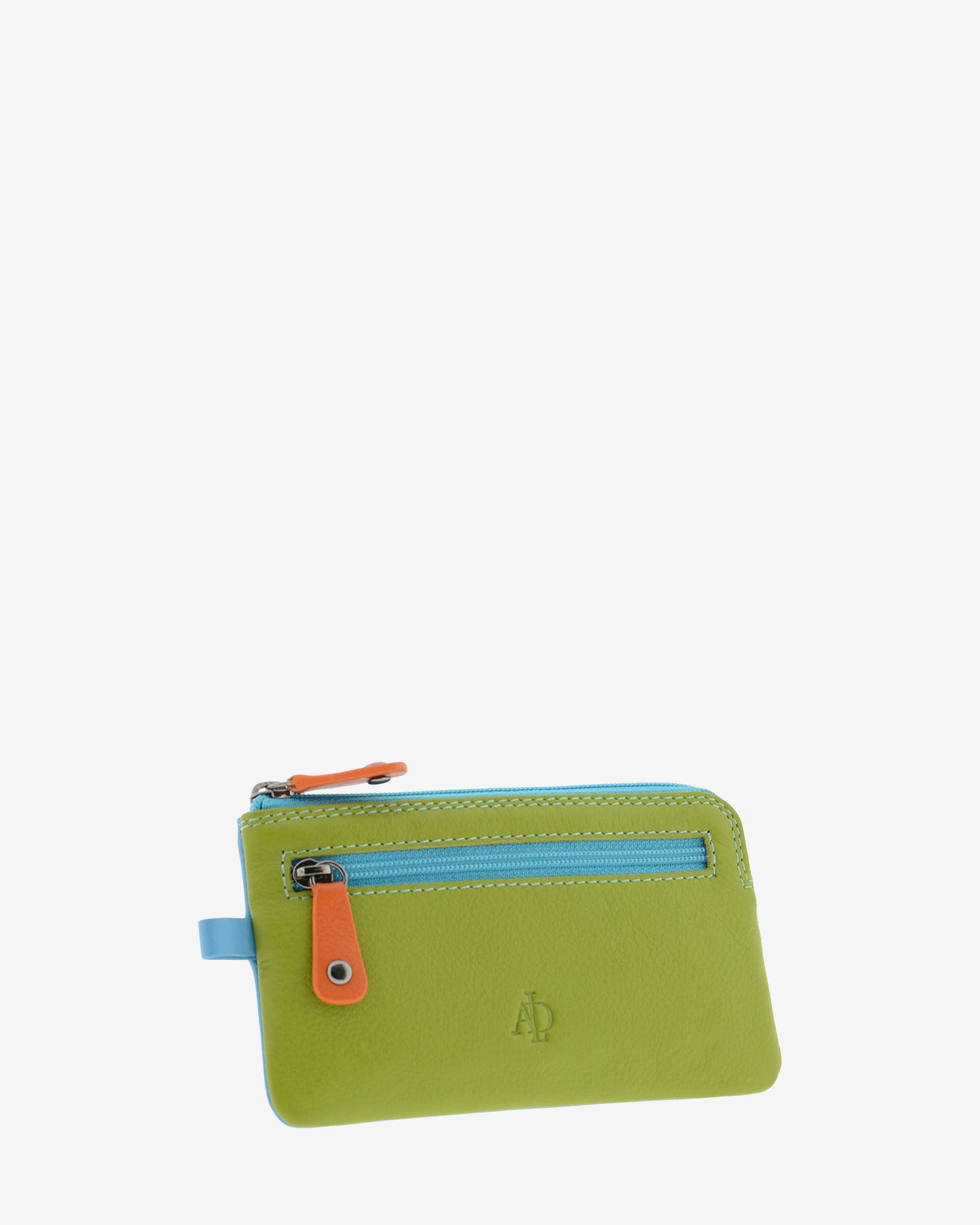 Monedero fino combinado 8053-C en color Verde, vista tres cuartos frontal mostrando el bolsillo exterior y las dos cremalleras.