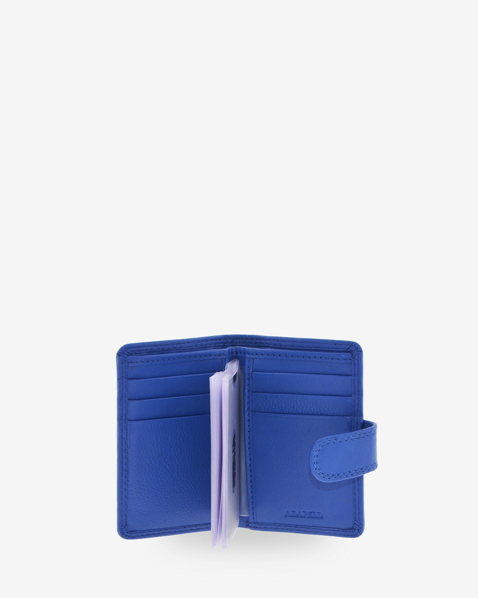 Tarjetero vertical 8057 en color cobalto abierto, con ranuras para tarjetas y fundas transparentes interiores