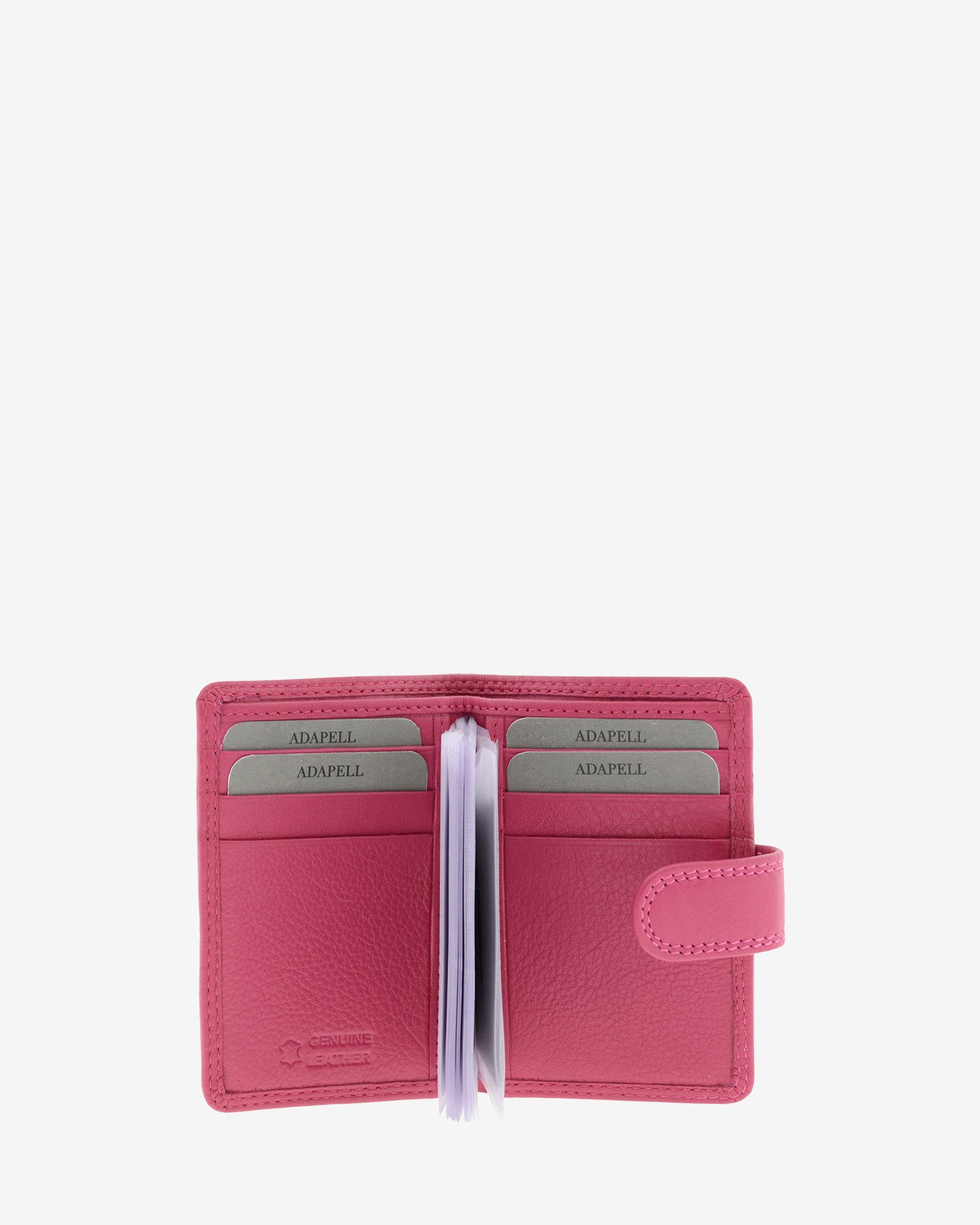 Tarjetero vertical 8057 en color magenta abierto, con ranuras para tarjetas y fundas transparentes interiores