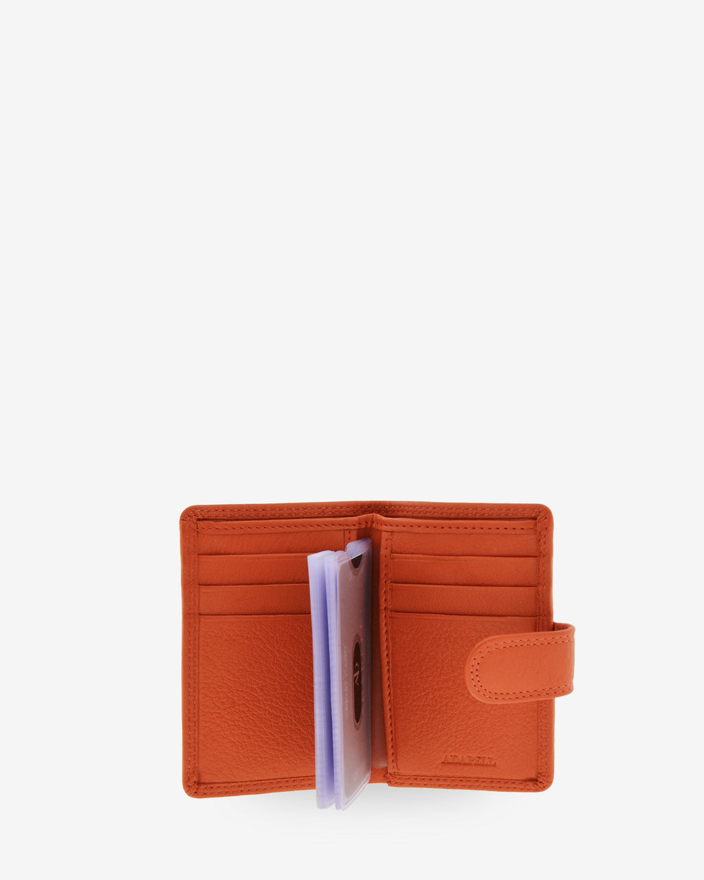 Tarjetero vertical 8057 en color mandarina abierto, con ranuras para tarjetas y fundas transparentes interiores