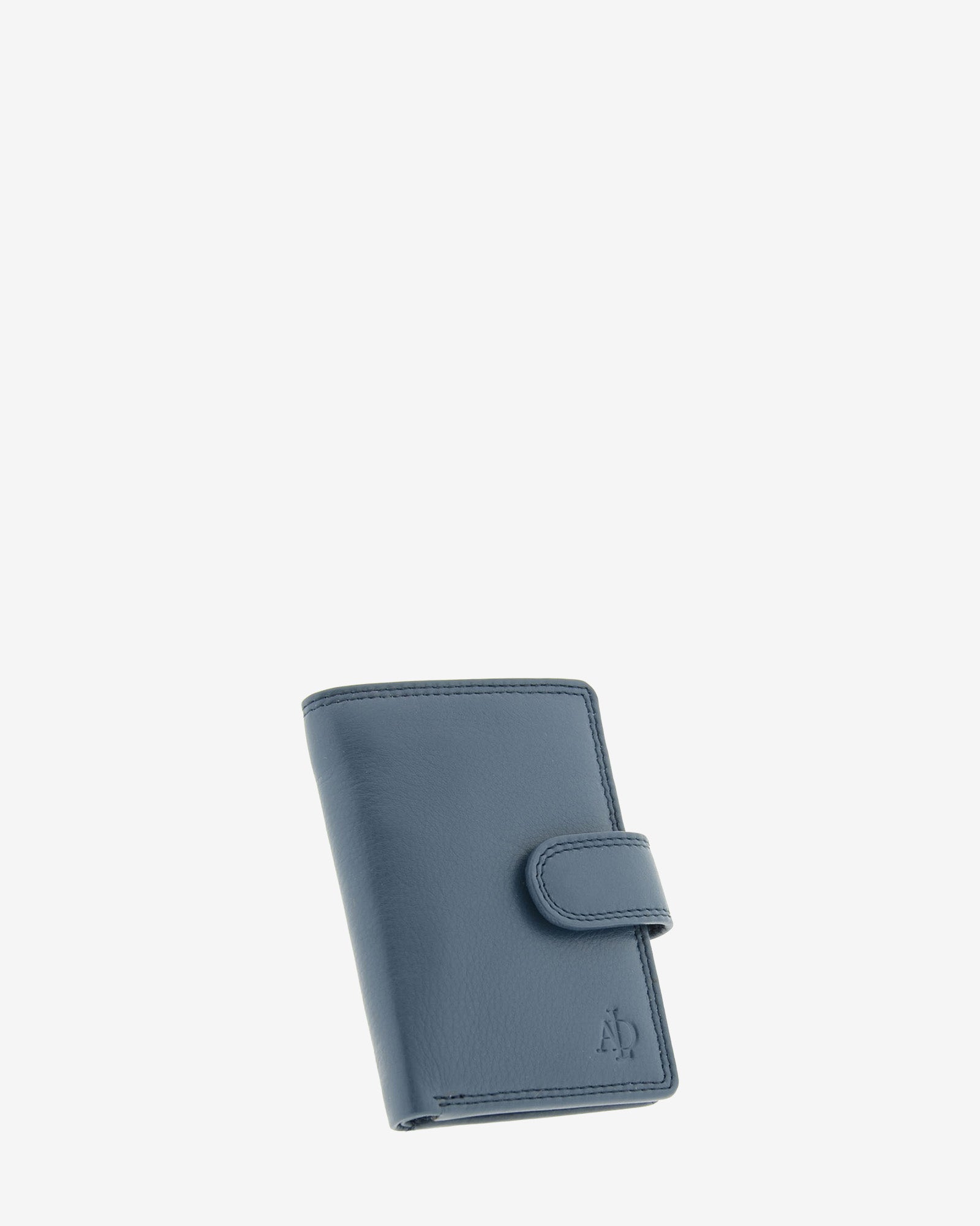 Tarjetero vertical 8057 en color marino, vista tres cuartos frontal con cierre de lengüeta