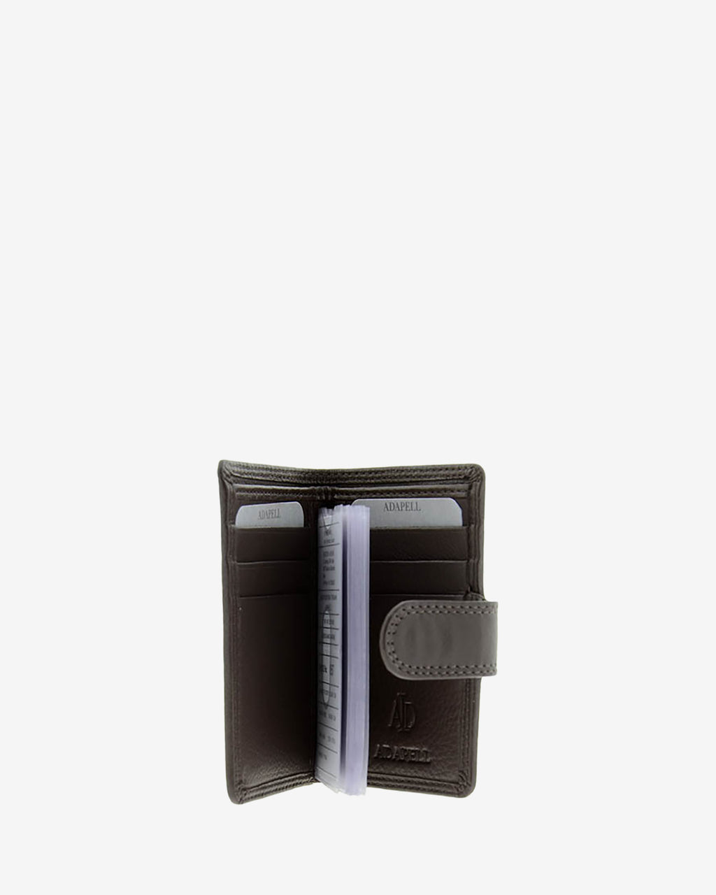Tarjetero vertical 8057 en color marrón abierto, con ranuras para tarjetas y fundas transparentes interiores