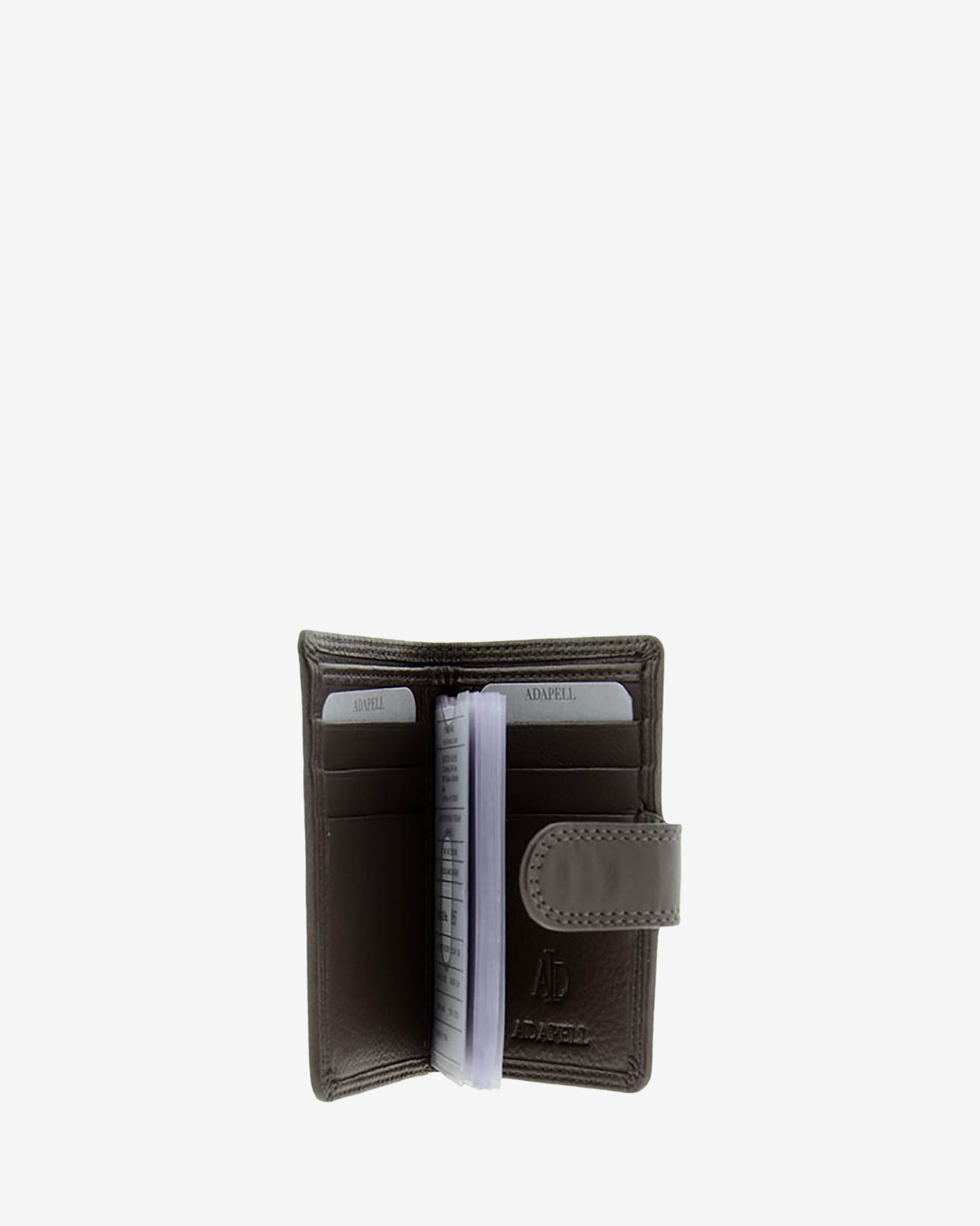 Tarjetero vertical 8057 en color marrón abierto, con ranuras para tarjetas y fundas transparentes interiores
