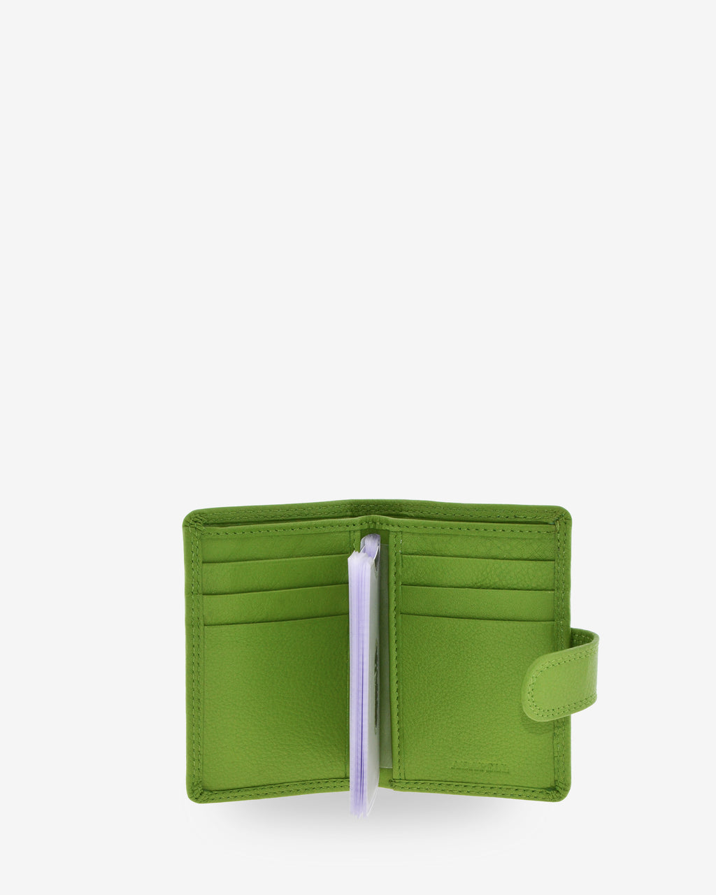Tarjetero vertical 8057 en color matcha abierto, con ranuras para tarjetas y fundas transparentes interiores