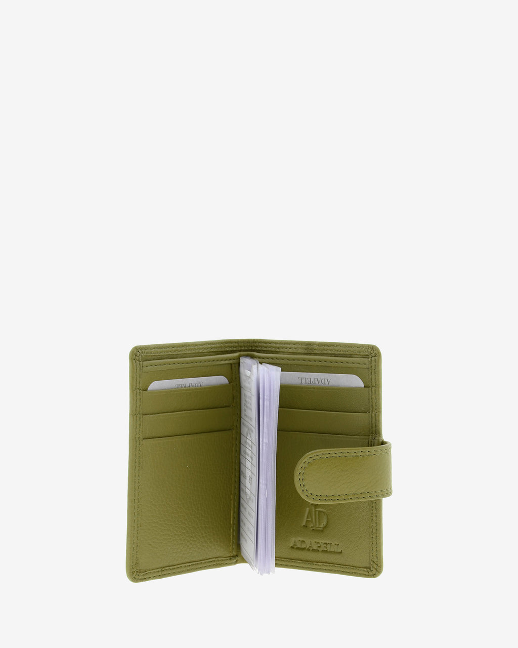 Tarjetero vertical 8057 en color oliva abierto, con ranuras para tarjetas y fundas transparentes interiores