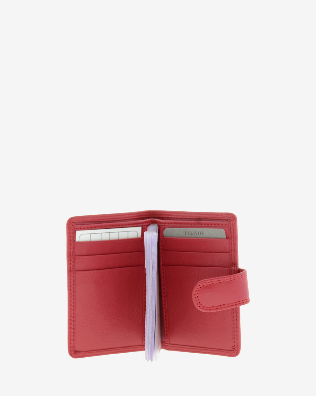 Tarjetero vertical 8057 en color rojo abierto, con ranuras para tarjetas y fundas transparentes interiores