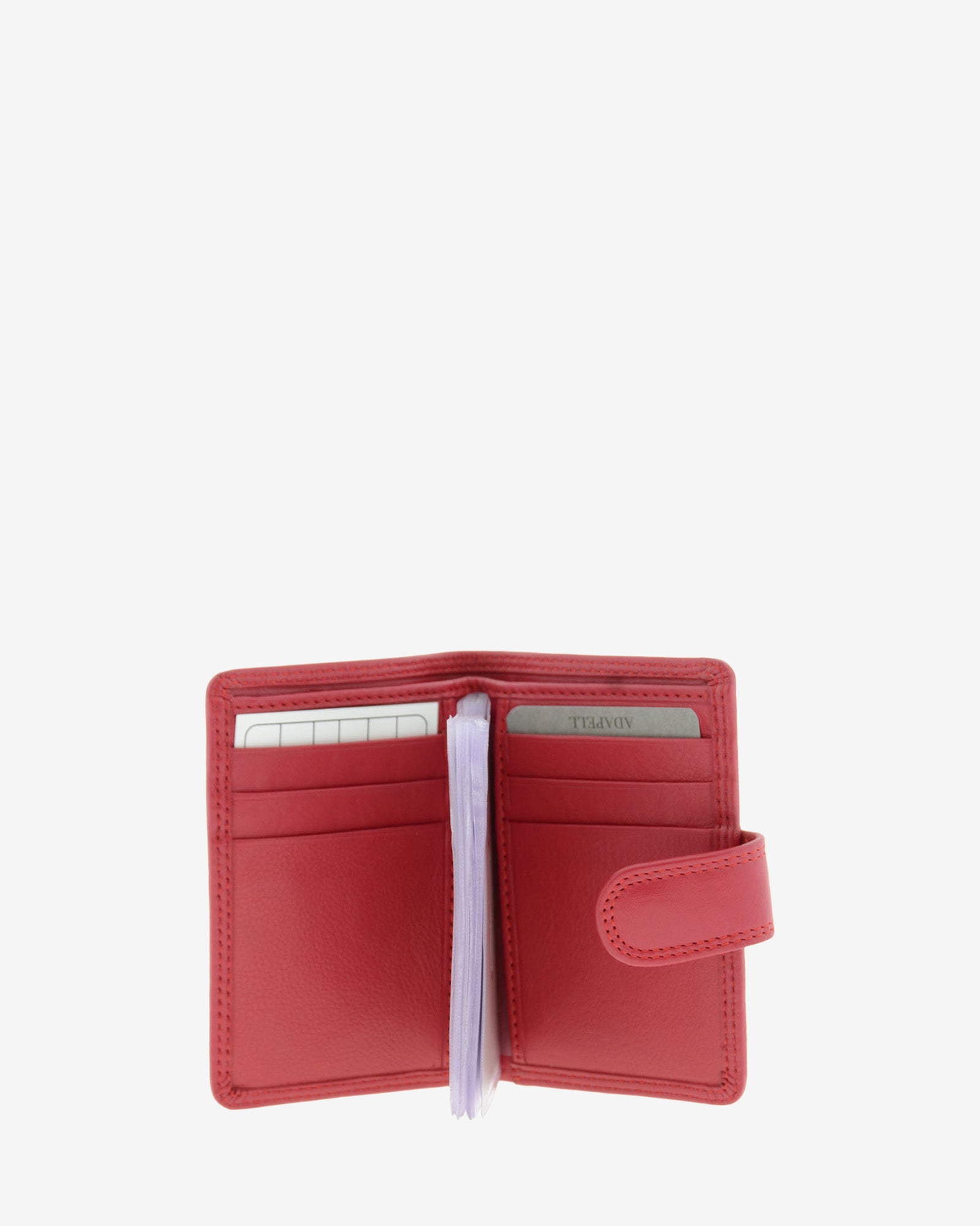 Tarjetero vertical 8057 en color rojo abierto, con ranuras para tarjetas y fundas transparentes interiores
