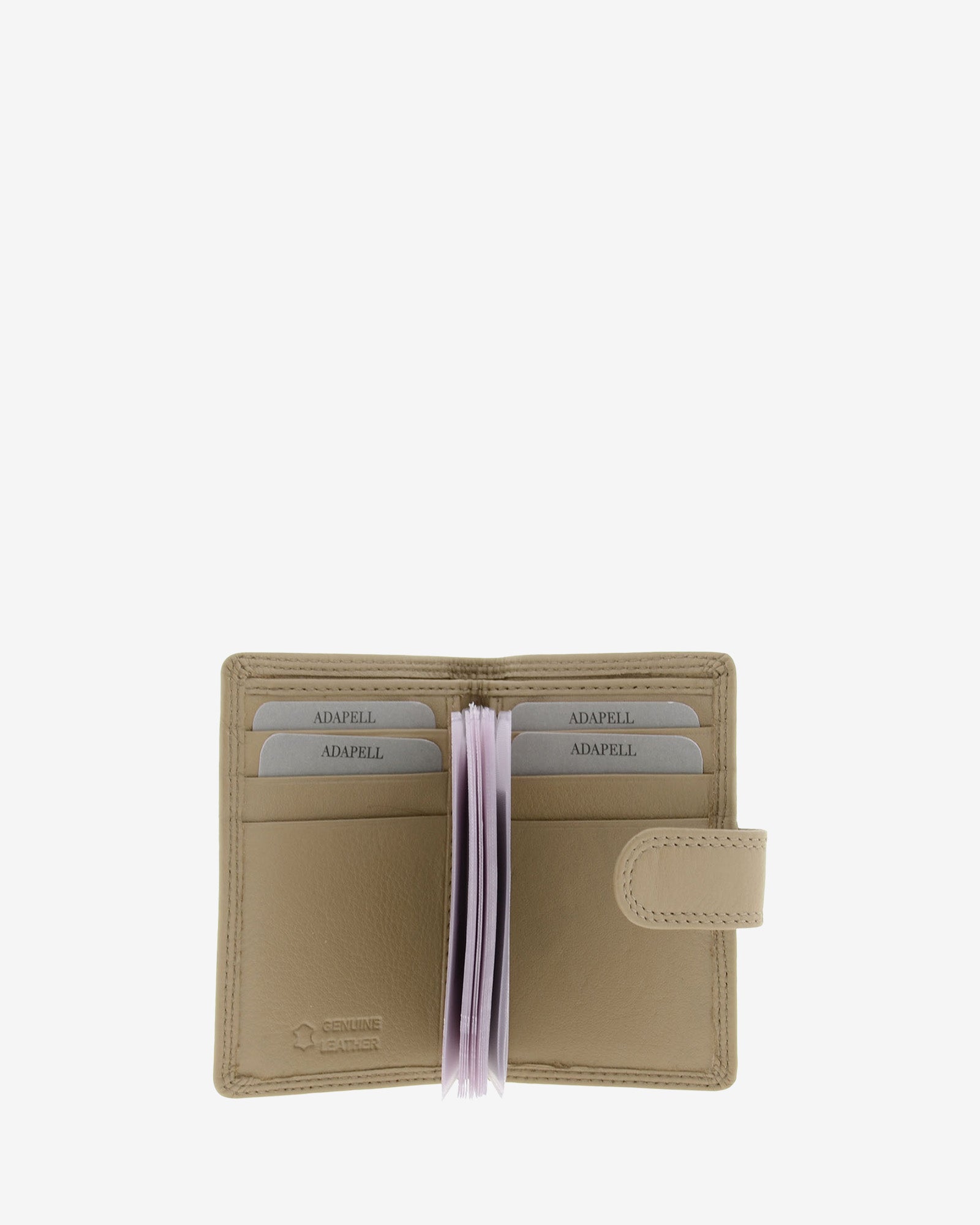 Tarjetero vertical 8057 en color topo abierto, con ranuras para tarjetas y fundas transparentes interiores