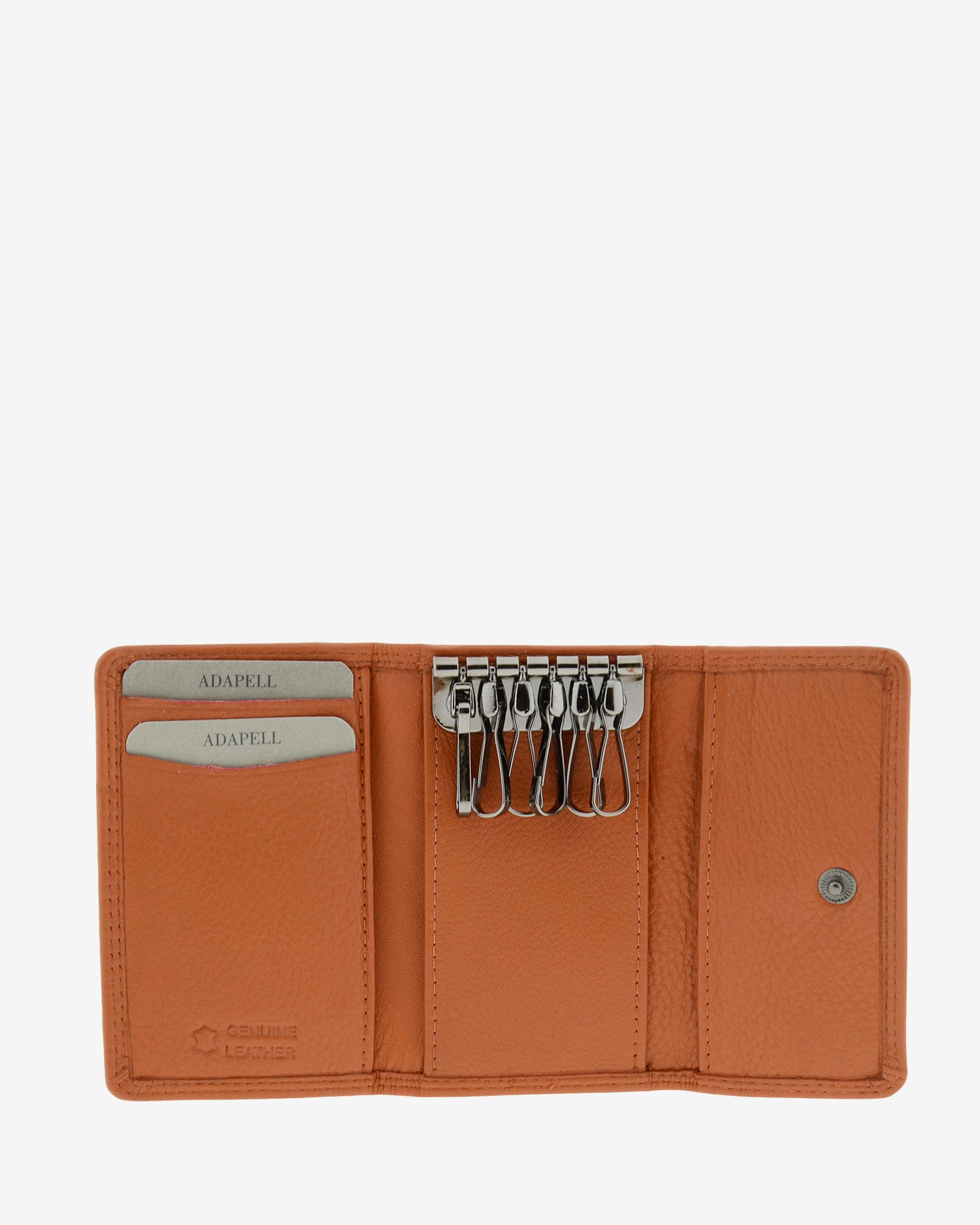 Llavero 8058 en color cuero abierto, con seis ganchos para llaves y ranuras interiores para tarjetas