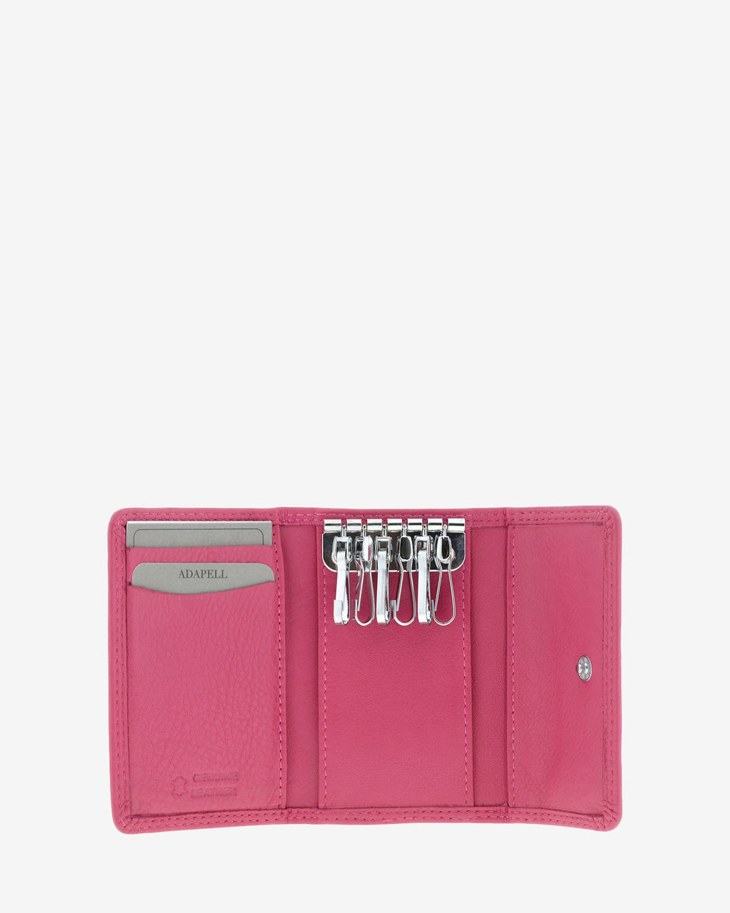 Llavero 8058 en color magenta abierto, con seis ganchos para llaves y ranuras interiores para tarjetas