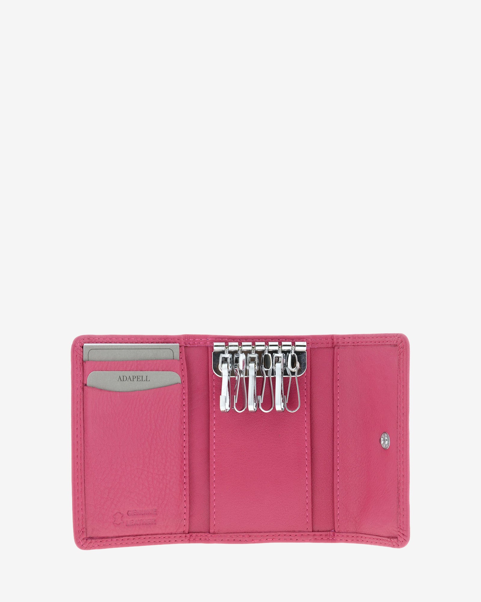 Llavero 8058 en color magenta abierto, con seis ganchos para llaves y ranuras interiores para tarjetas