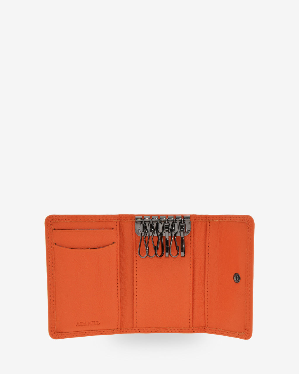 Llavero 8058 en color mandarina abierto, con seis ganchos para llaves y ranuras interiores para tarjetas