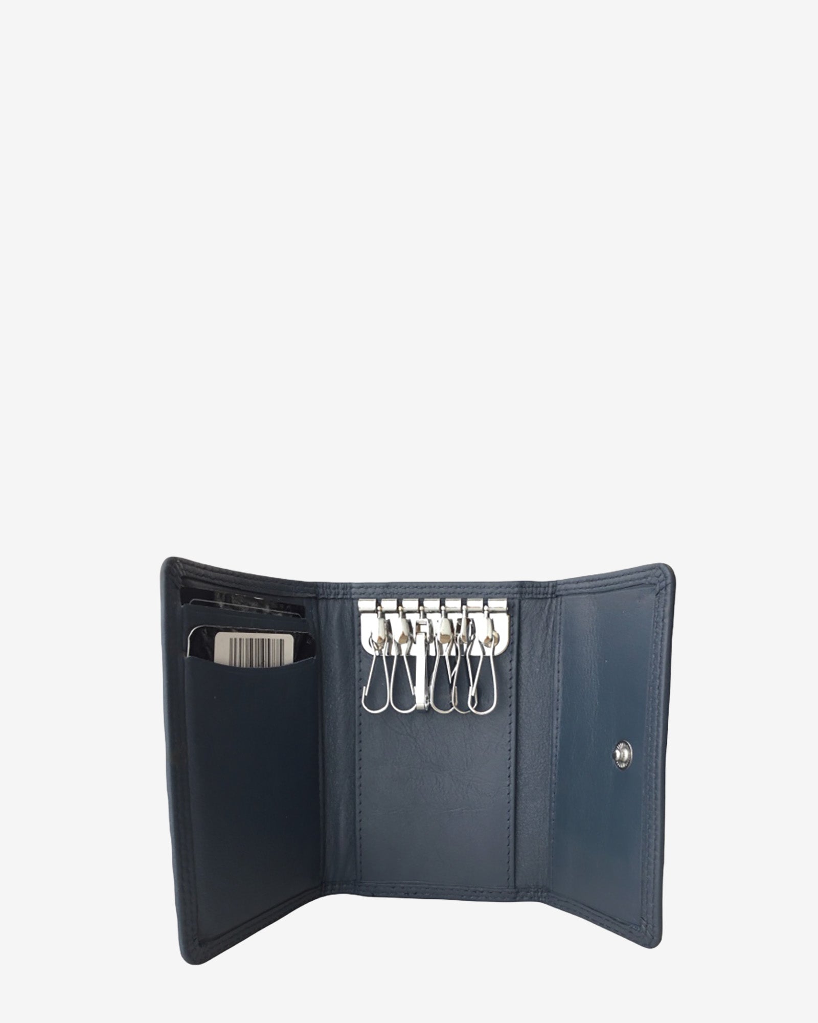 Llavero 8058 en color marino abierto, con seis ganchos para llaves y ranuras interiores para tarjetas