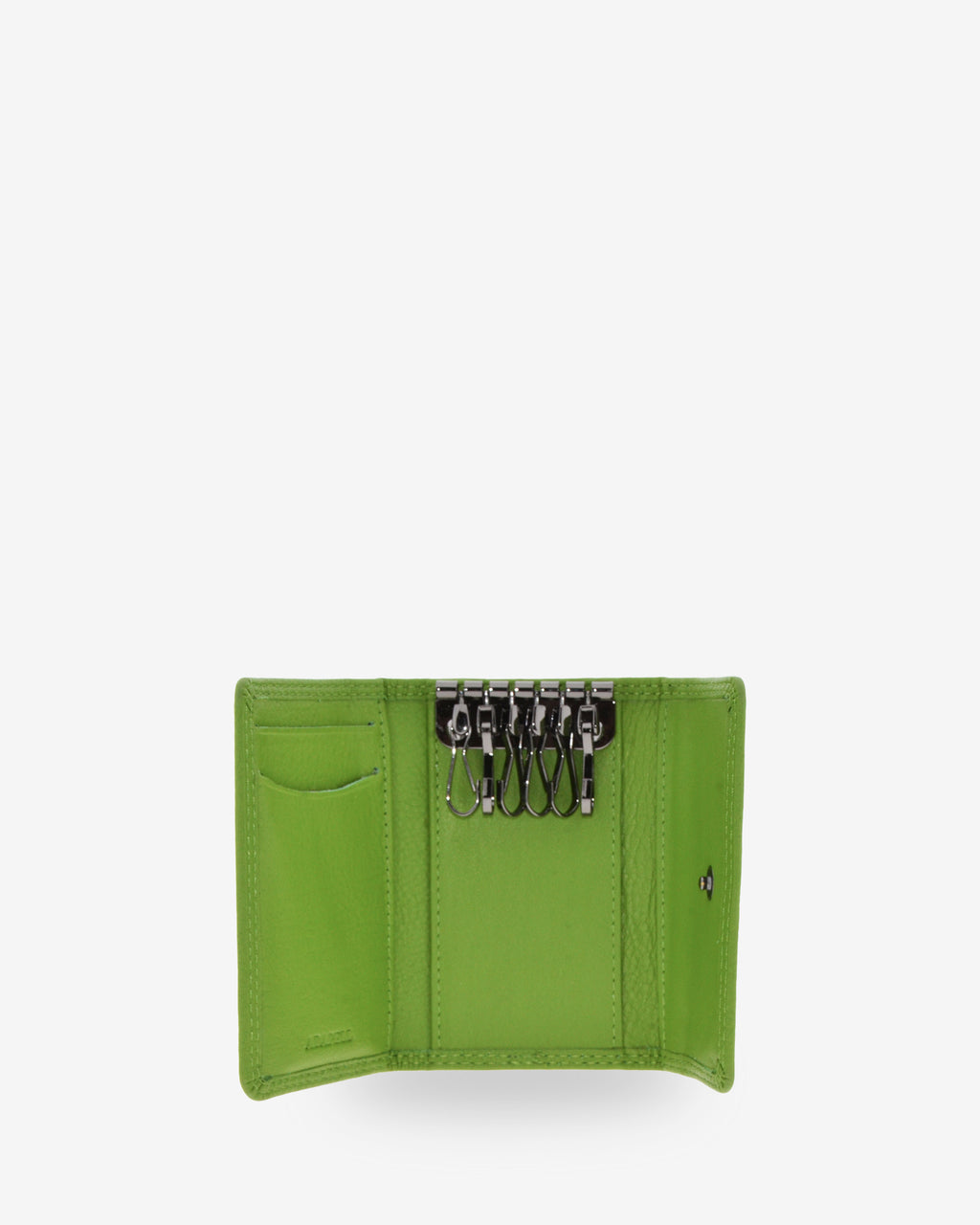 Llavero 8058 en color matcha abierto, con seis ganchos para llaves y ranuras interiores para tarjetas
