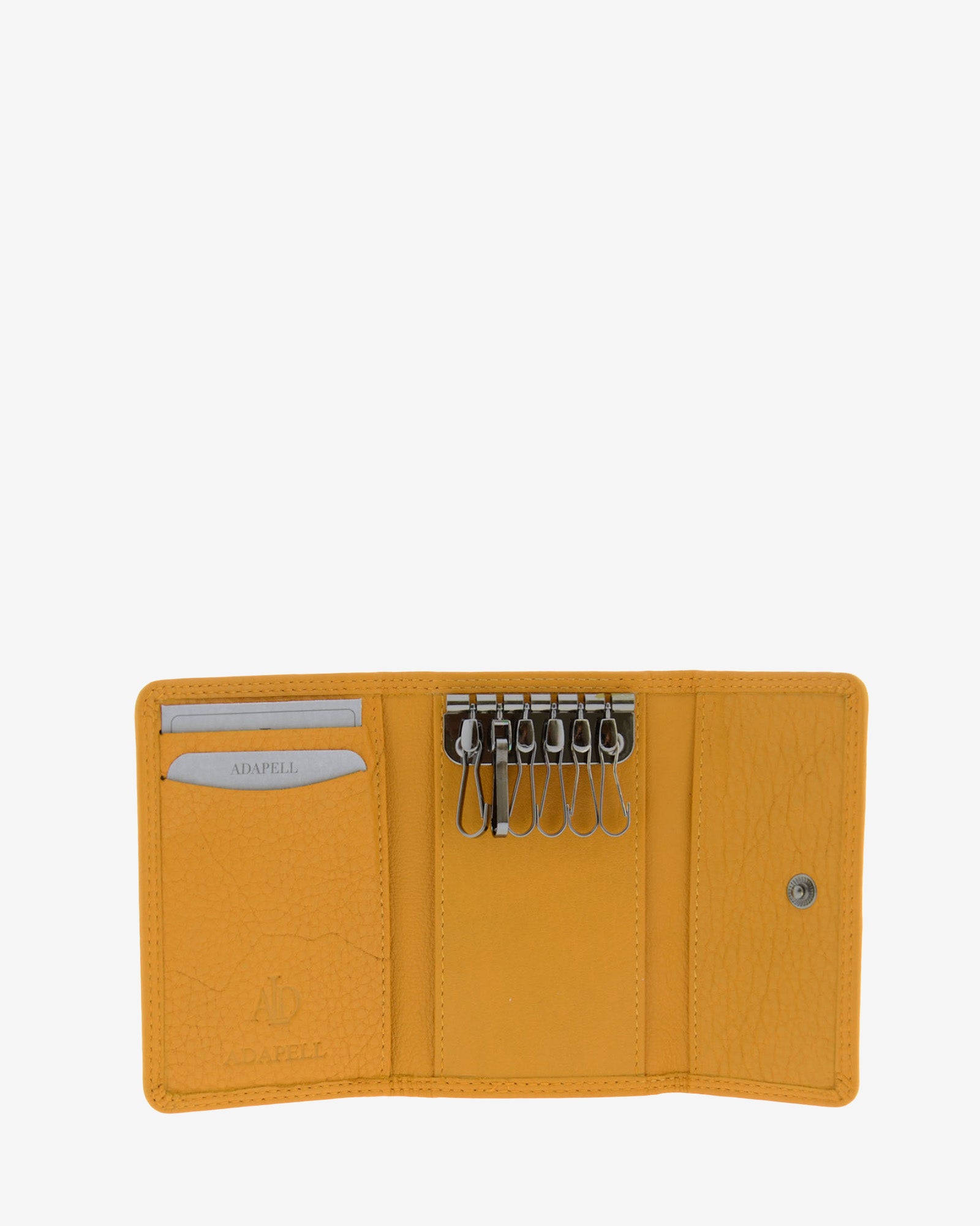 Llavero 8058 en color mostaza abierto, con seis ganchos para llaves y ranuras interiores para tarjetas