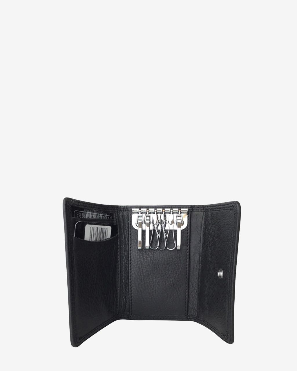 Llavero 8058 en color negro abierto, con seis ganchos para llaves y ranuras interiores para tarjetas