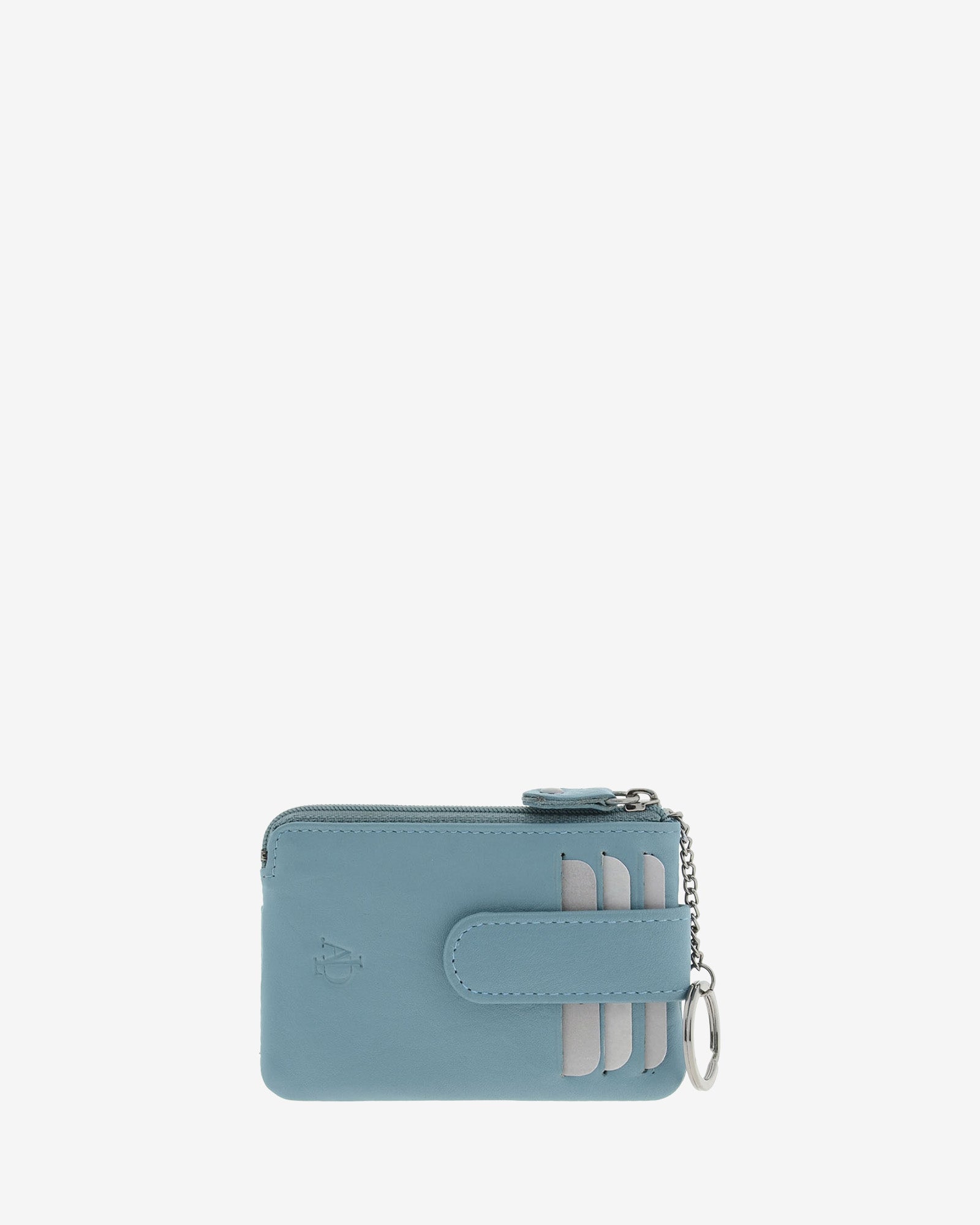 Monedero tarjetero 8061 en color mar, vista posterior con anilla para llaves y tarjetas visibles en las ranuras exteriores.