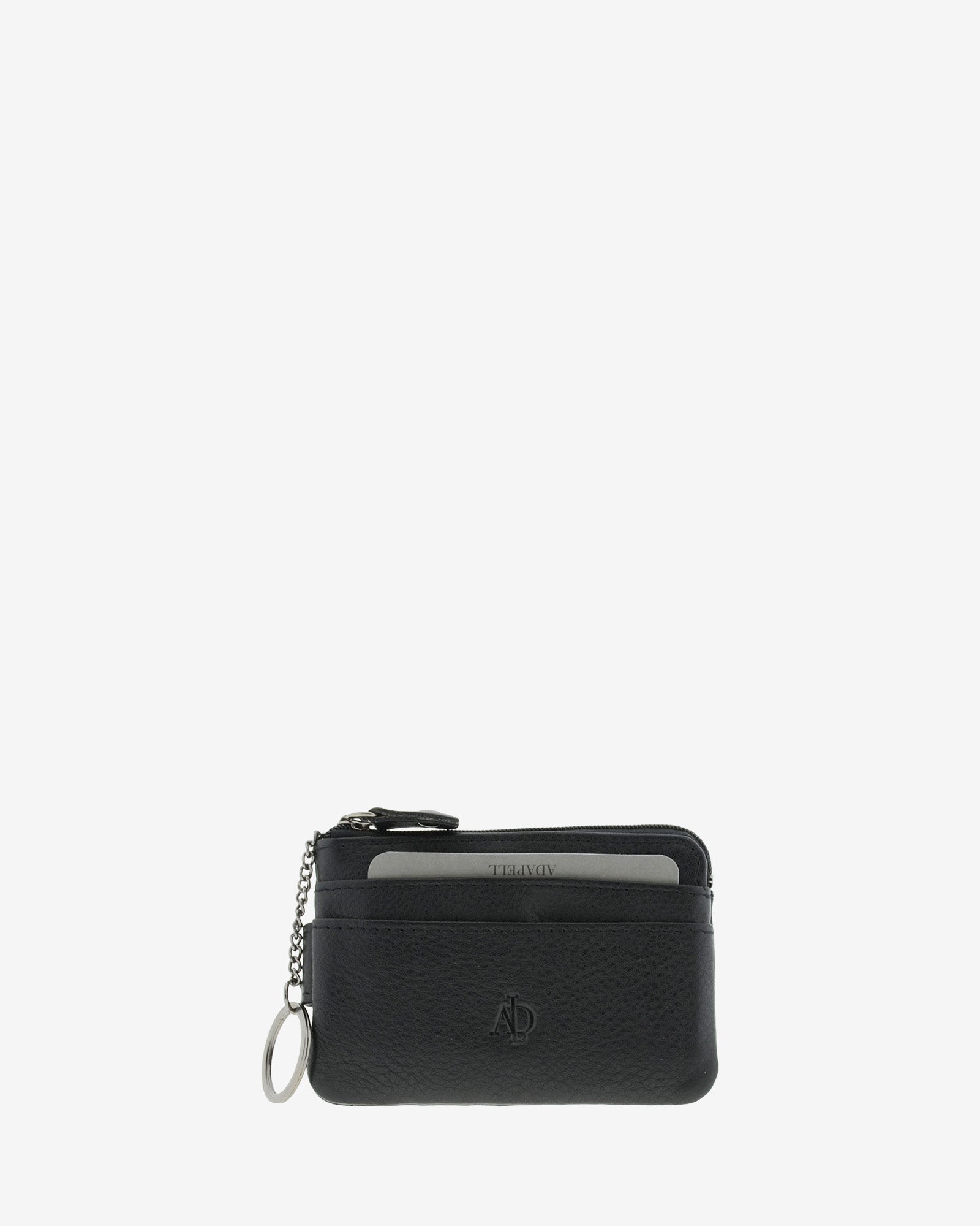 Monedero tarjetero 8061 en color negro, vista frontal con anilla para llaves y tarjetas visibles en las ranuras exteriores.