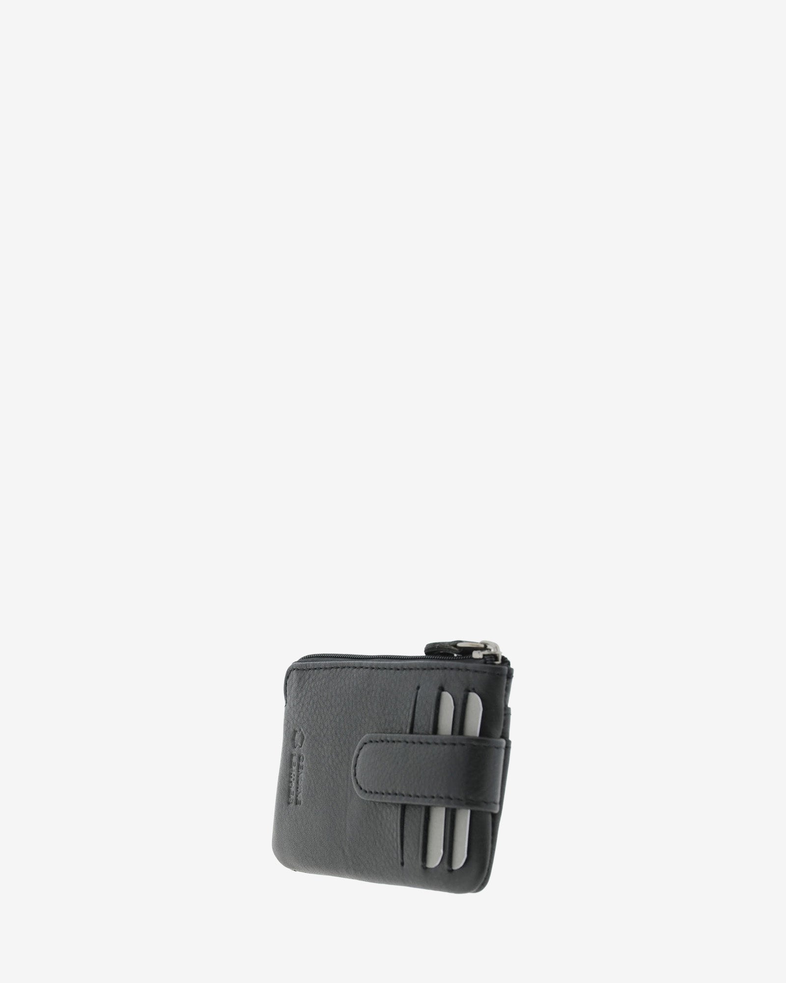Monedero tarjetero 8061 en color negro, vista tres cuartos posterior con tarjetas visibles en las ranuras exteriores.