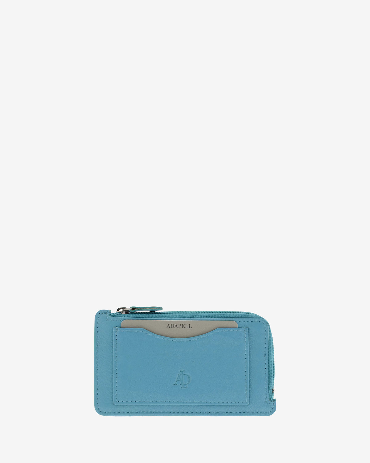 Tarjetero monedero fino 8062 en color azul, vista frontal con bolsillo para tarjeta y cremallera superior